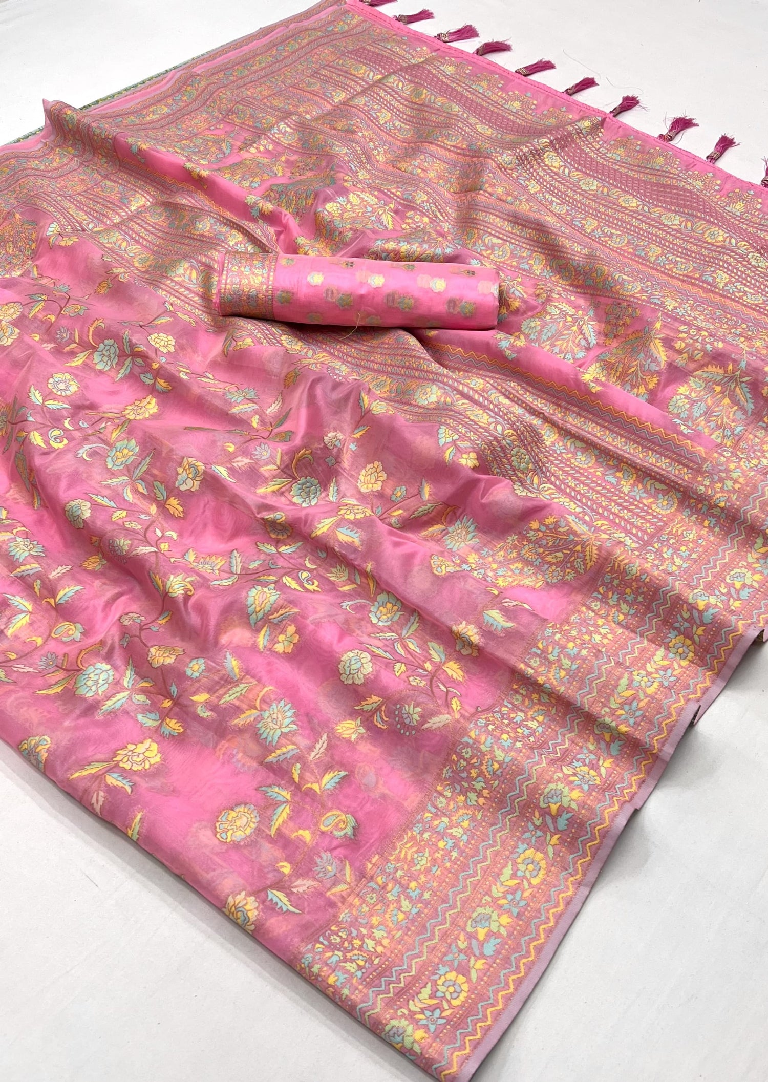 Kashmiri organza pink embroidered saree online shopping price for bride wedding uk.