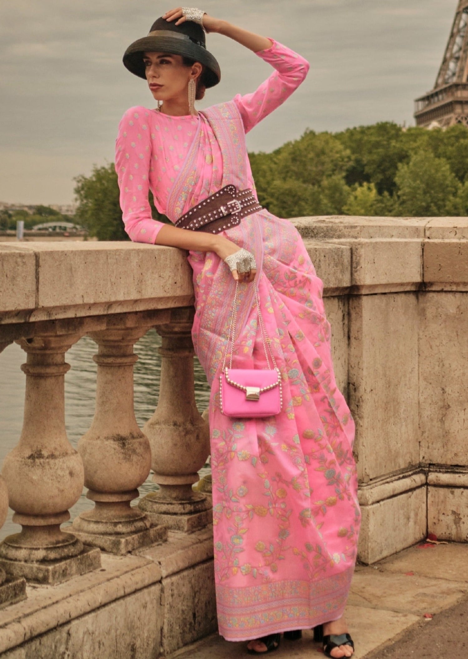 Kashmiri organza pink embroidered online shopping price for bride wedding.