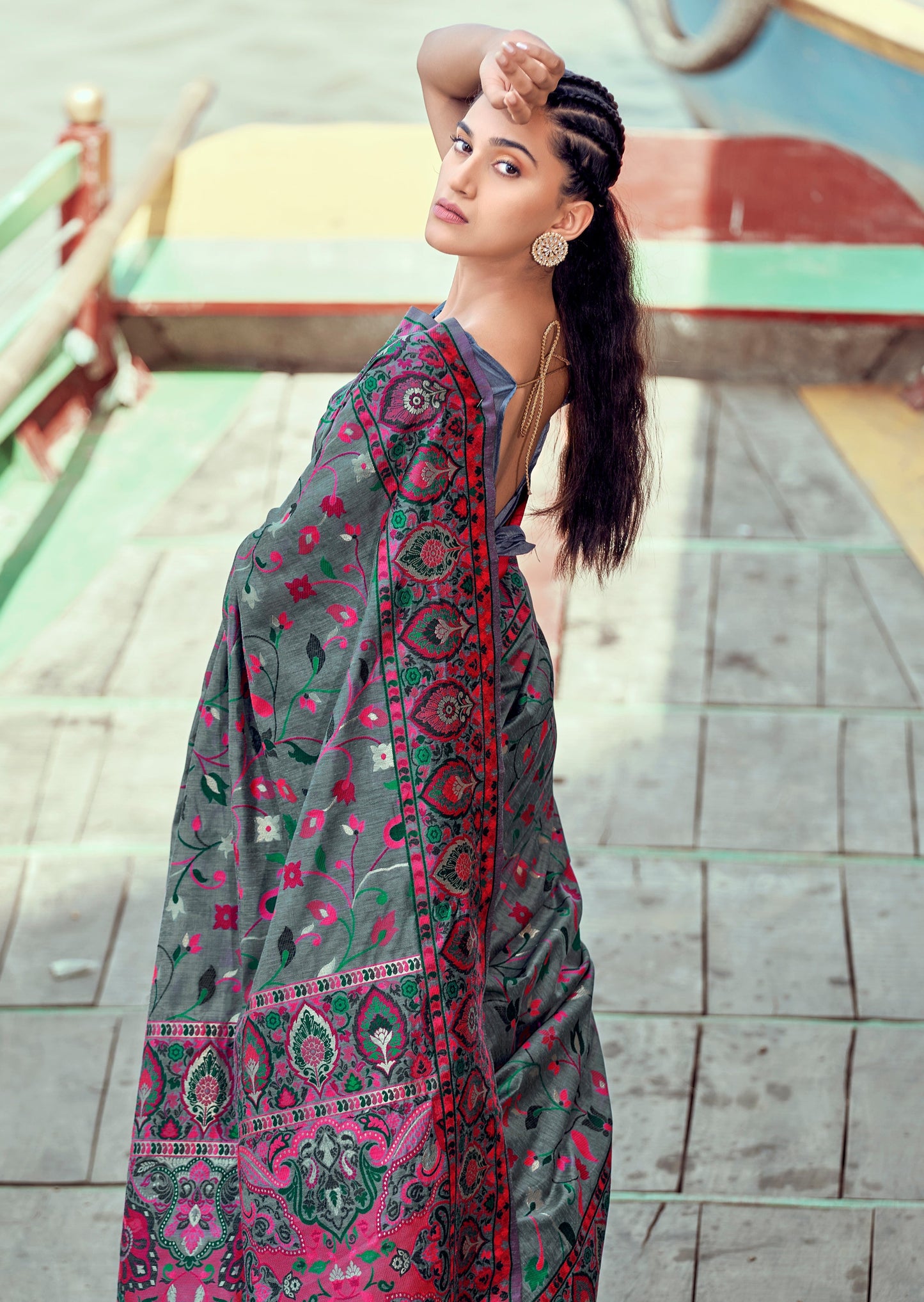 Kashmiri pashmina silk kani work embroidered grey bridal saree online design price.