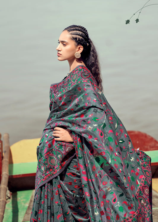 Kashmiri pashmina silk kani work embroidered grey saree online shopping price buy.