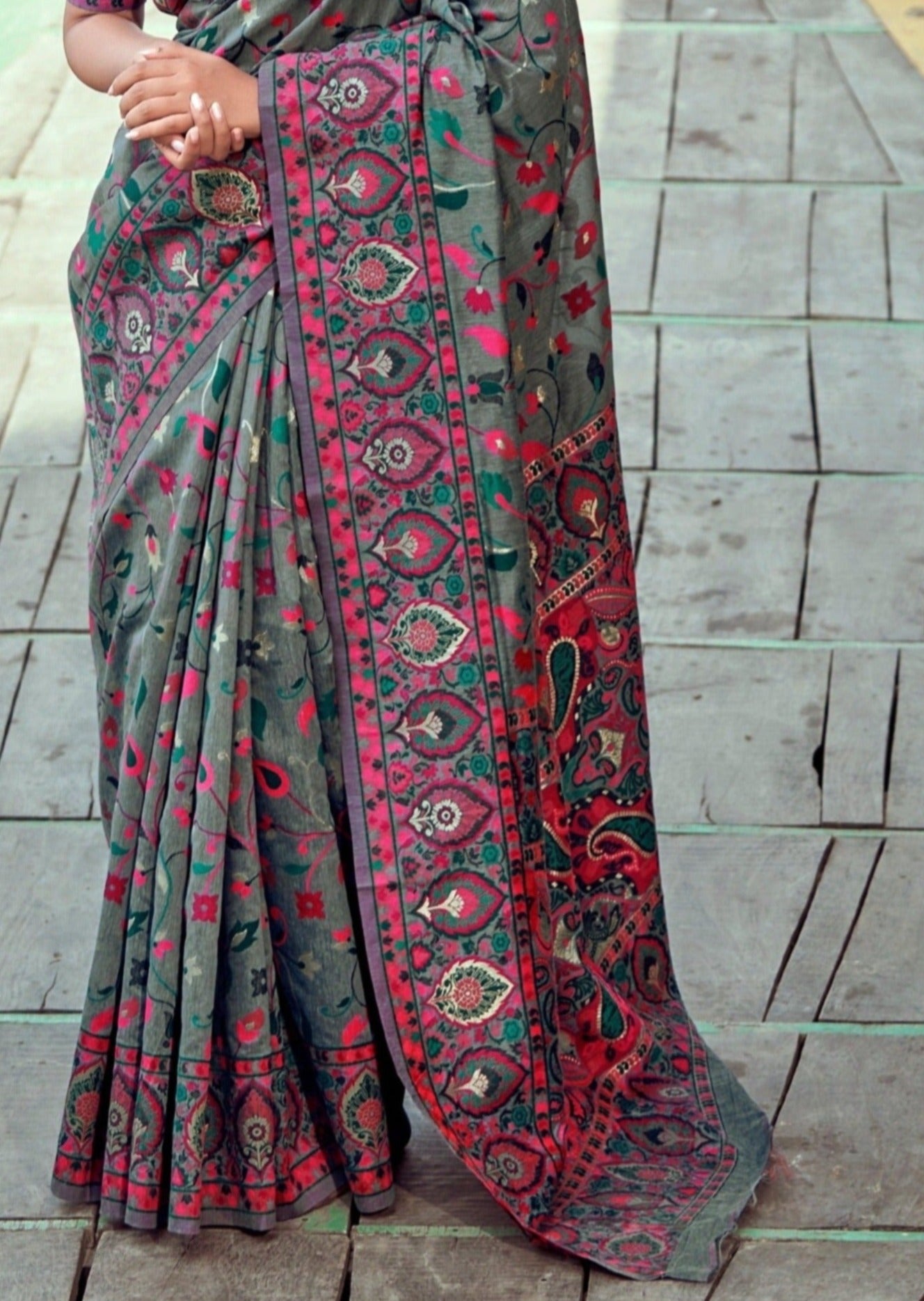 Kashmiri pashmina silk kani work embroidered grey wedding saree online for bride.