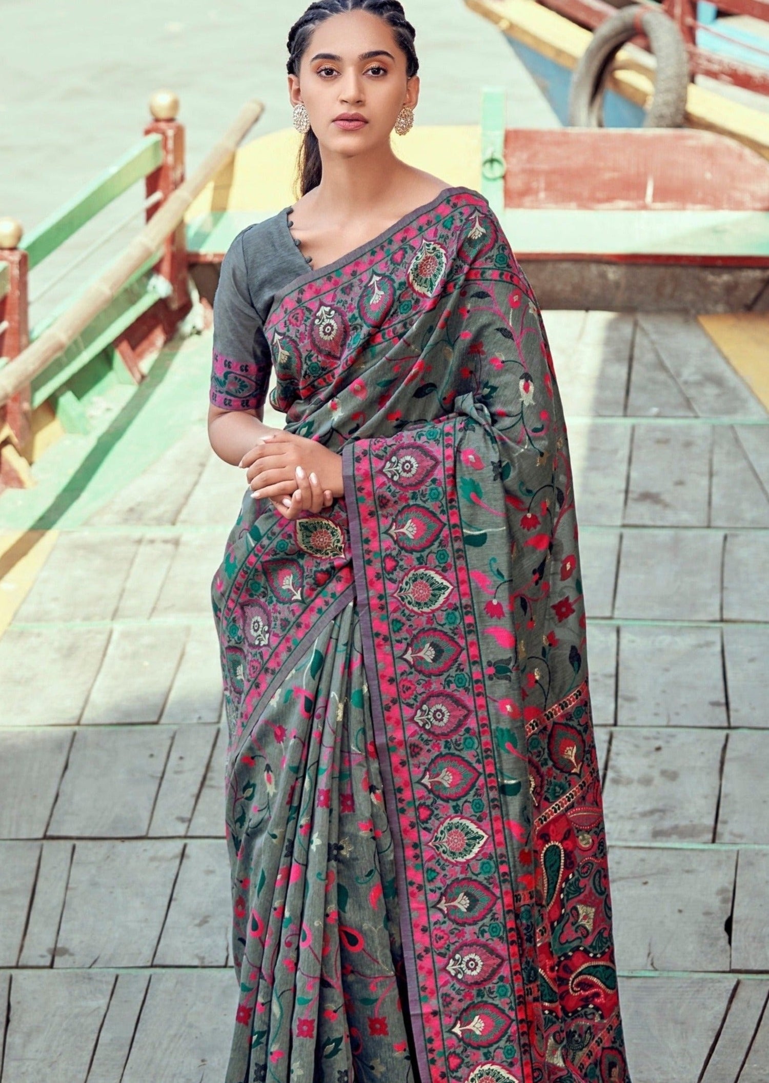 Kashmiri pashmina silk kani work embroidered grey wedding saree online shopping uk.