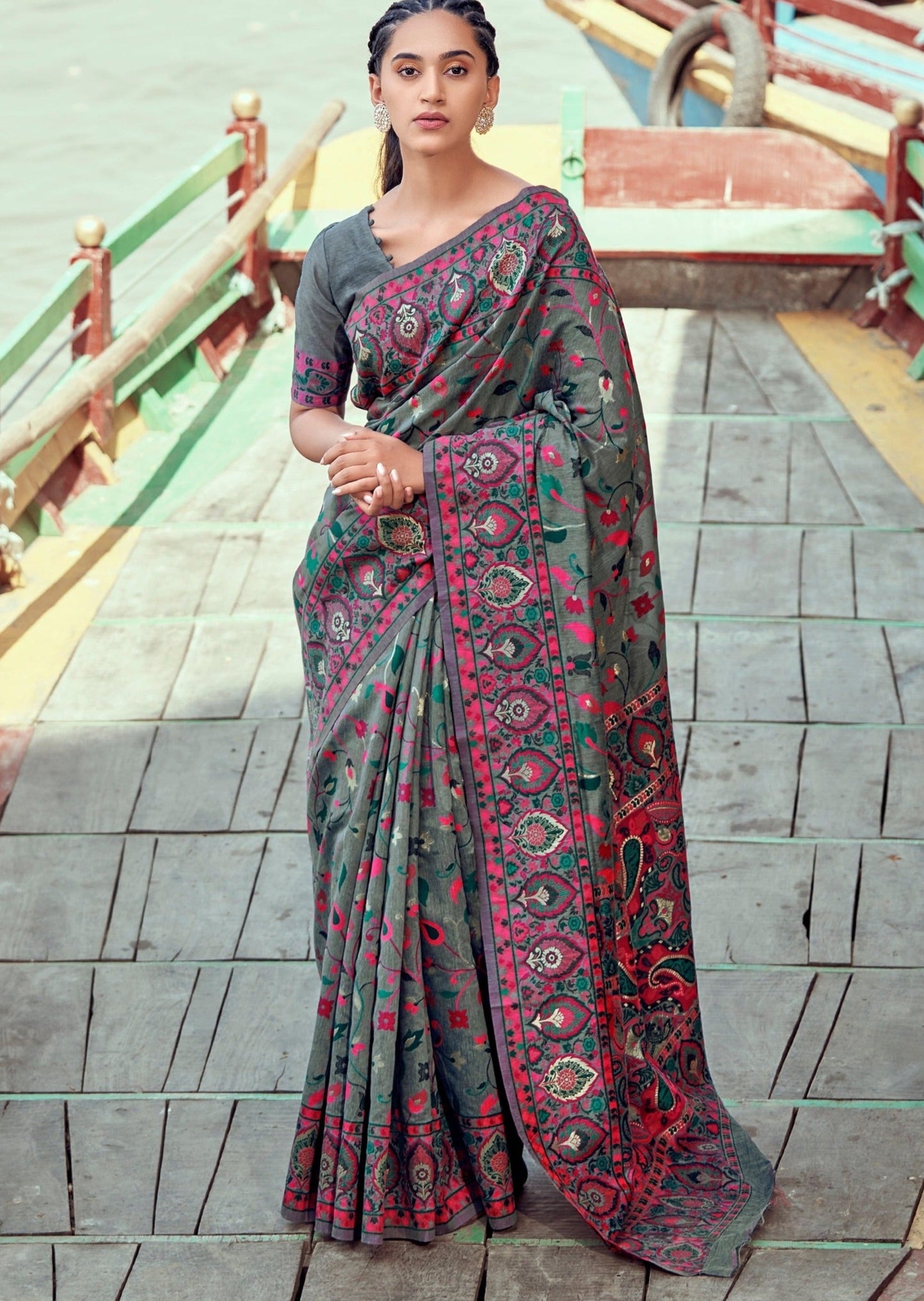 Kashmiri pashmina silk kani work embroidered grey wedding saree online shopping.