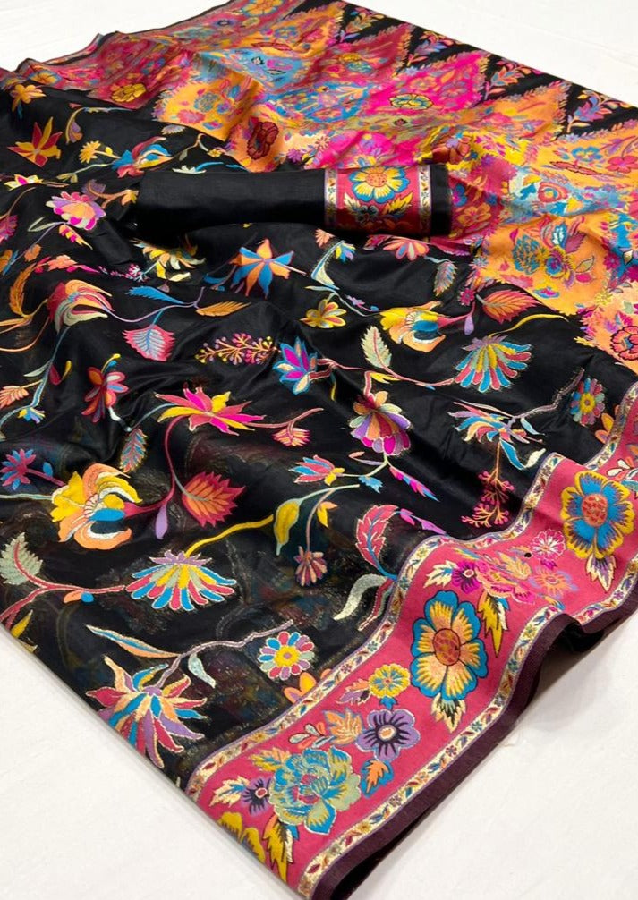 Kashmiri silk black handloom saree online shopping with price.