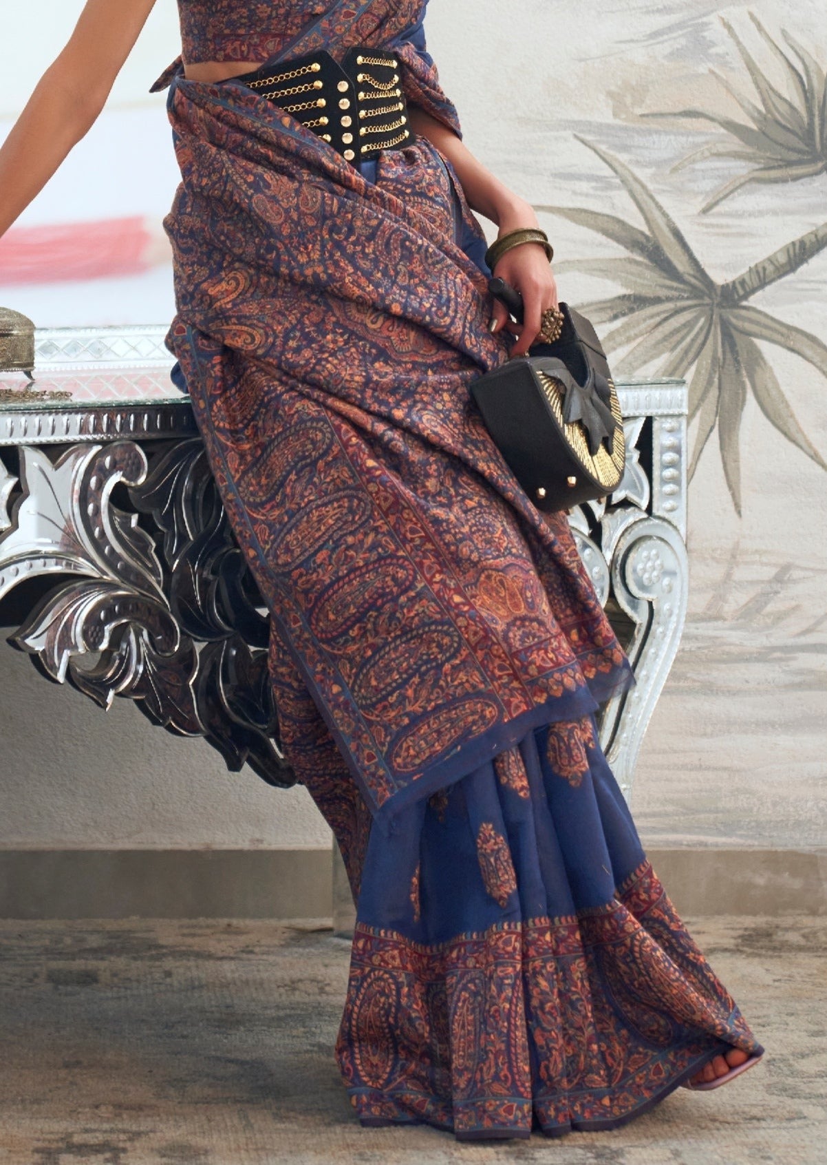 Blue kashmiri silk handloom saree design.