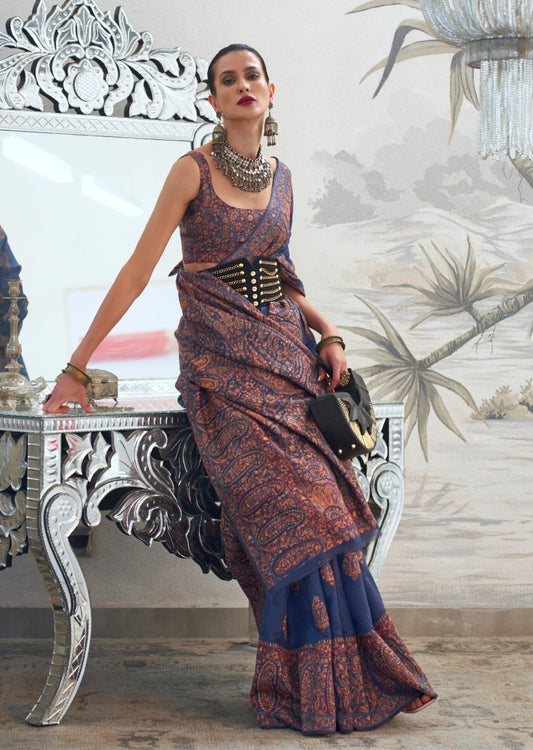 Kashmiri bride in blue kashmiri handloom silk saree blouse.