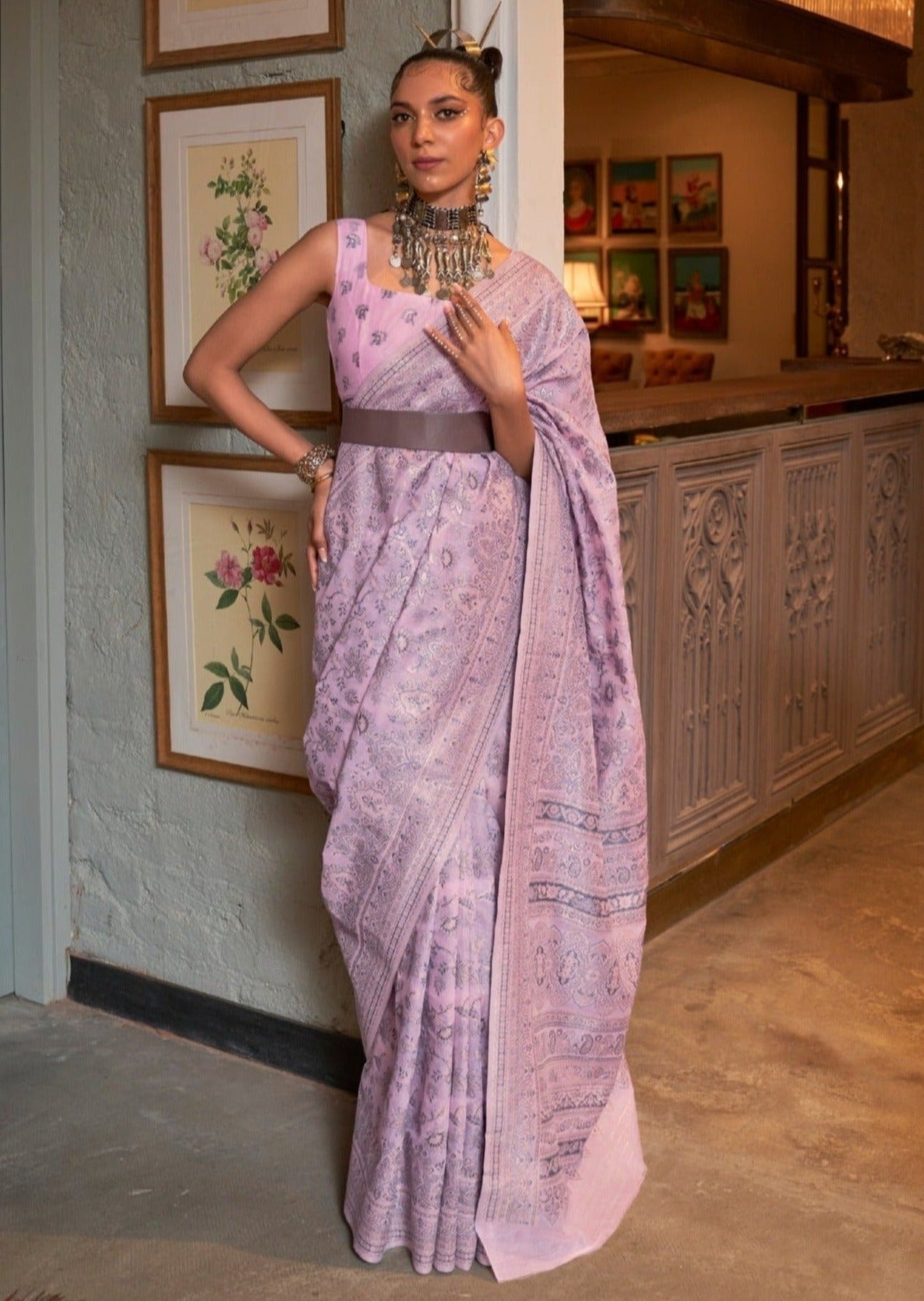 Woman in pink kashmiri Silk Saree Blouse