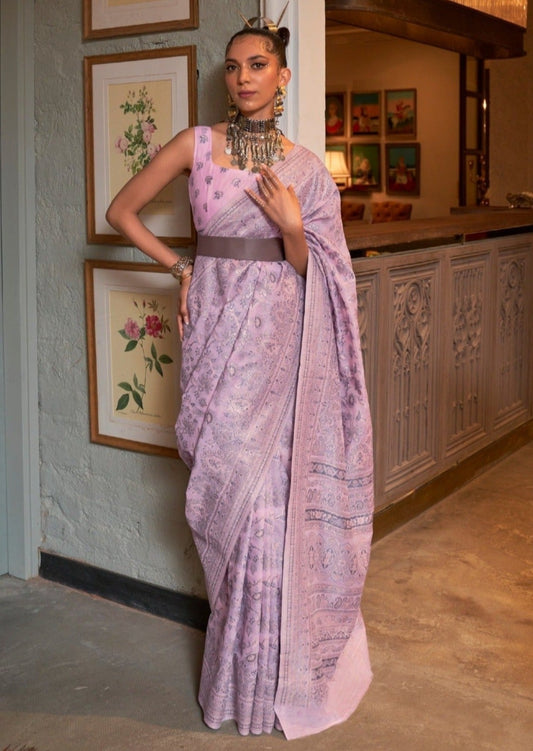 Woman in pink color original kashmiri silk saree blouse online designs.