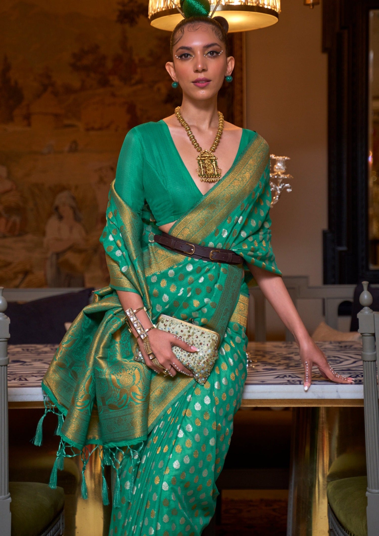 Bride in khaddi georgette banarasi saree online india price green color.