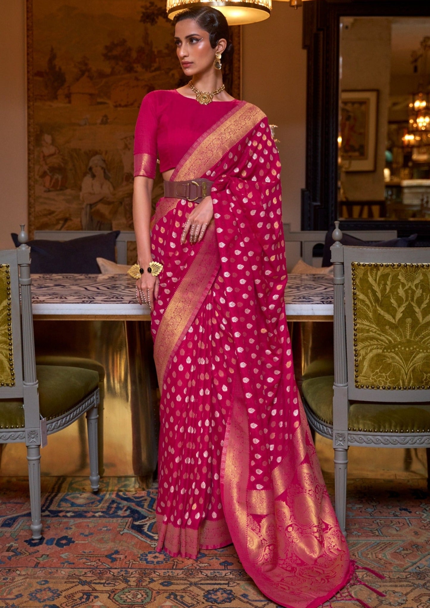 Woman in pure khaddi georgette banarasi saree blouse in red color.