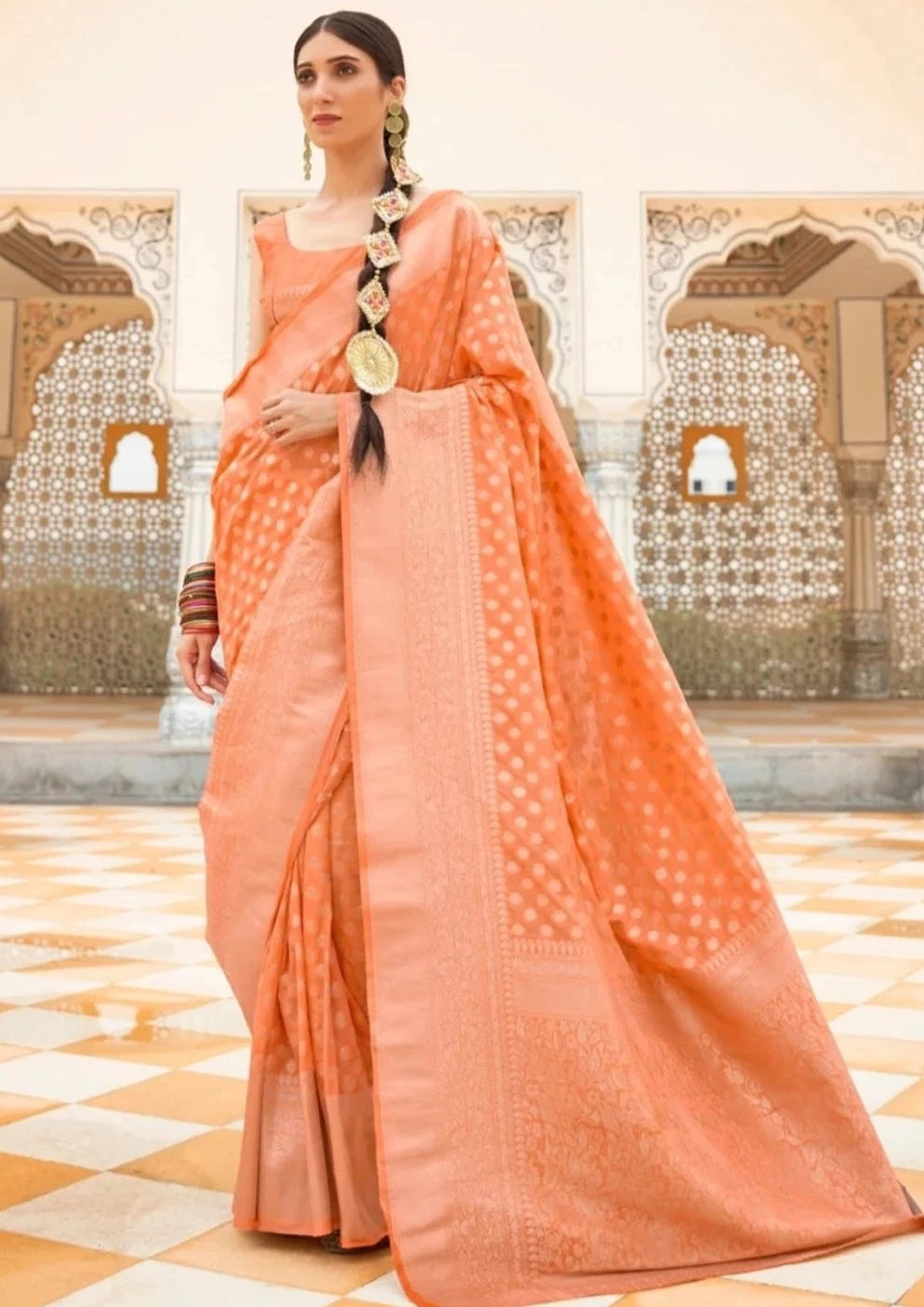 Khaddi georgette banarasi peach saree online with price.