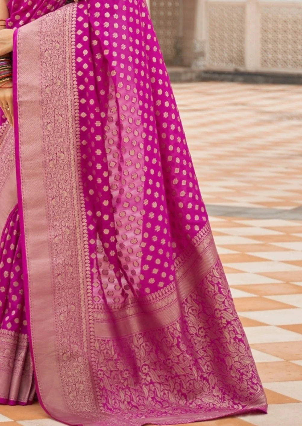 Khaddi georgette pink banarasi saree design online.