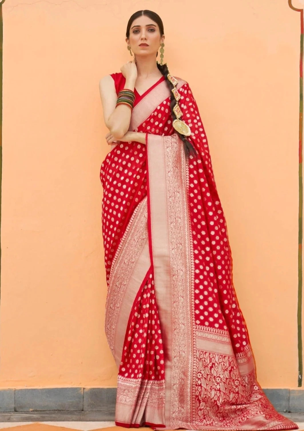 Red khaddi banarasi saree blouse design online price.