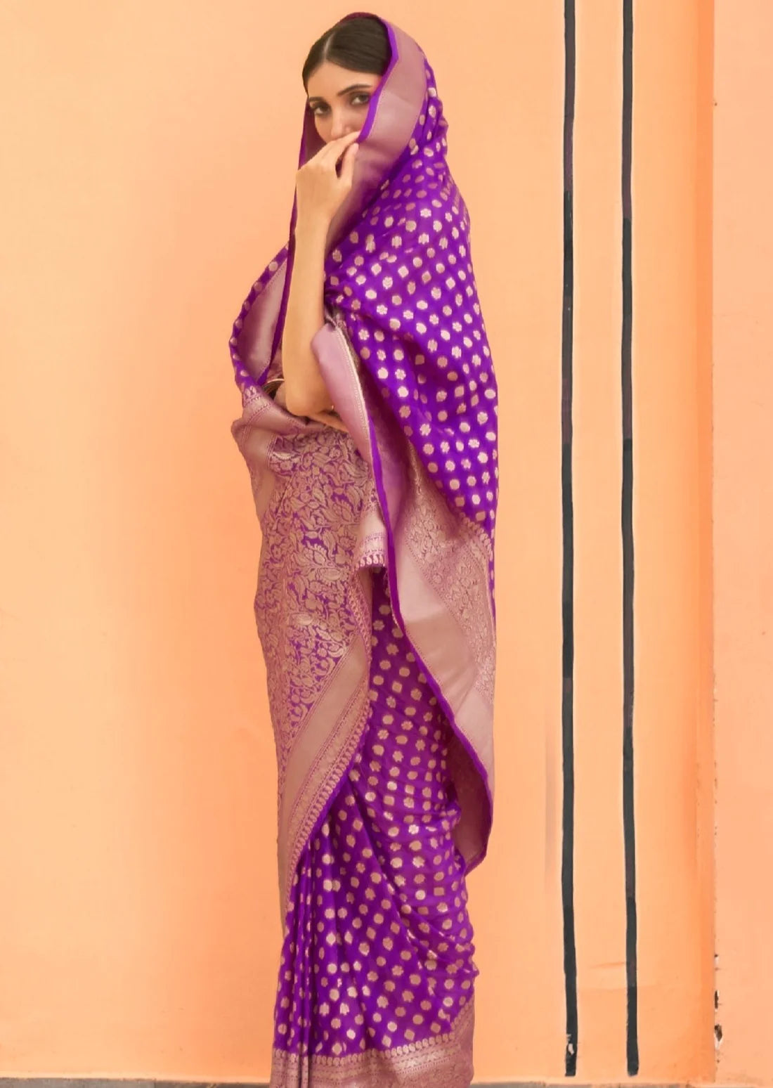 Bride in khaddi georgette violet purple banarasi saree blouse online with zari work.
