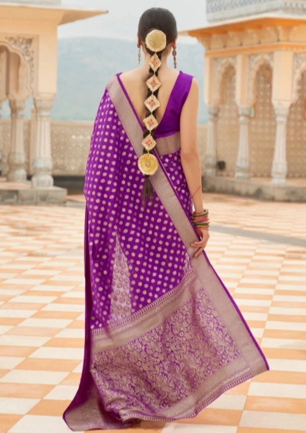 Khaddi georgette violet purple banarasi saree blouse design online price.