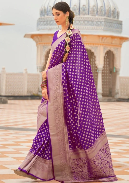 Woman's khaddi georgette violet purple banarasi saree blouse online india.