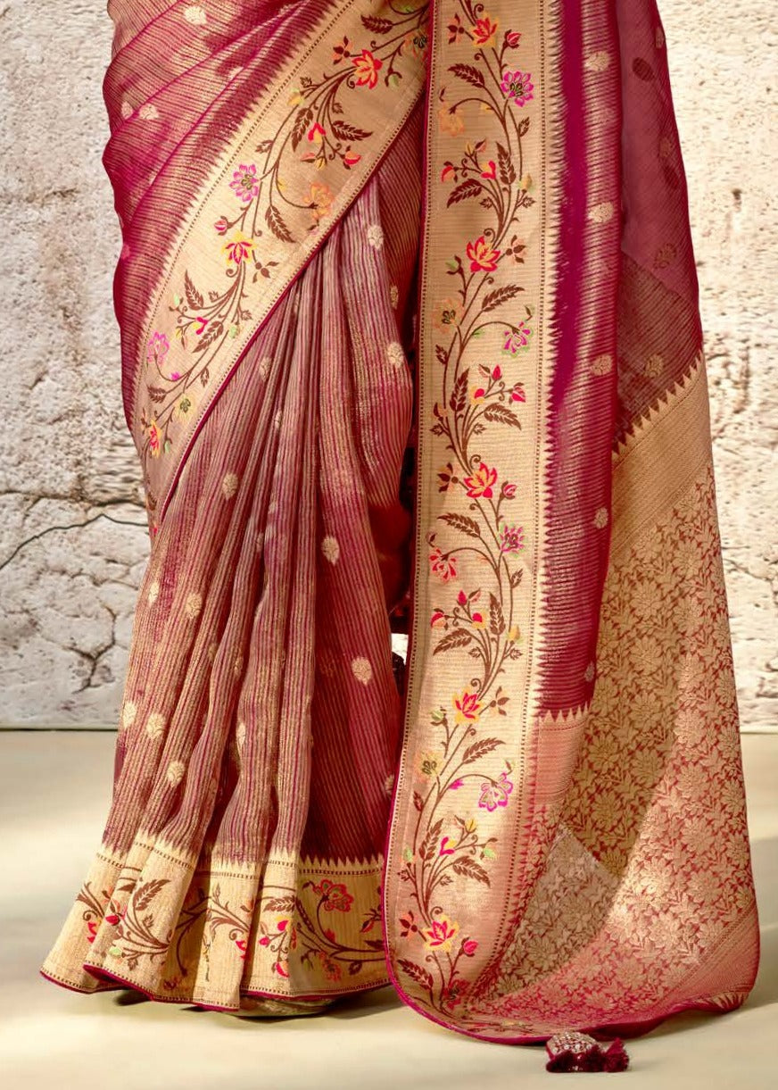 Kora Banarasi Silk Maroon Red Handloom Saree With Embroidered Blouse