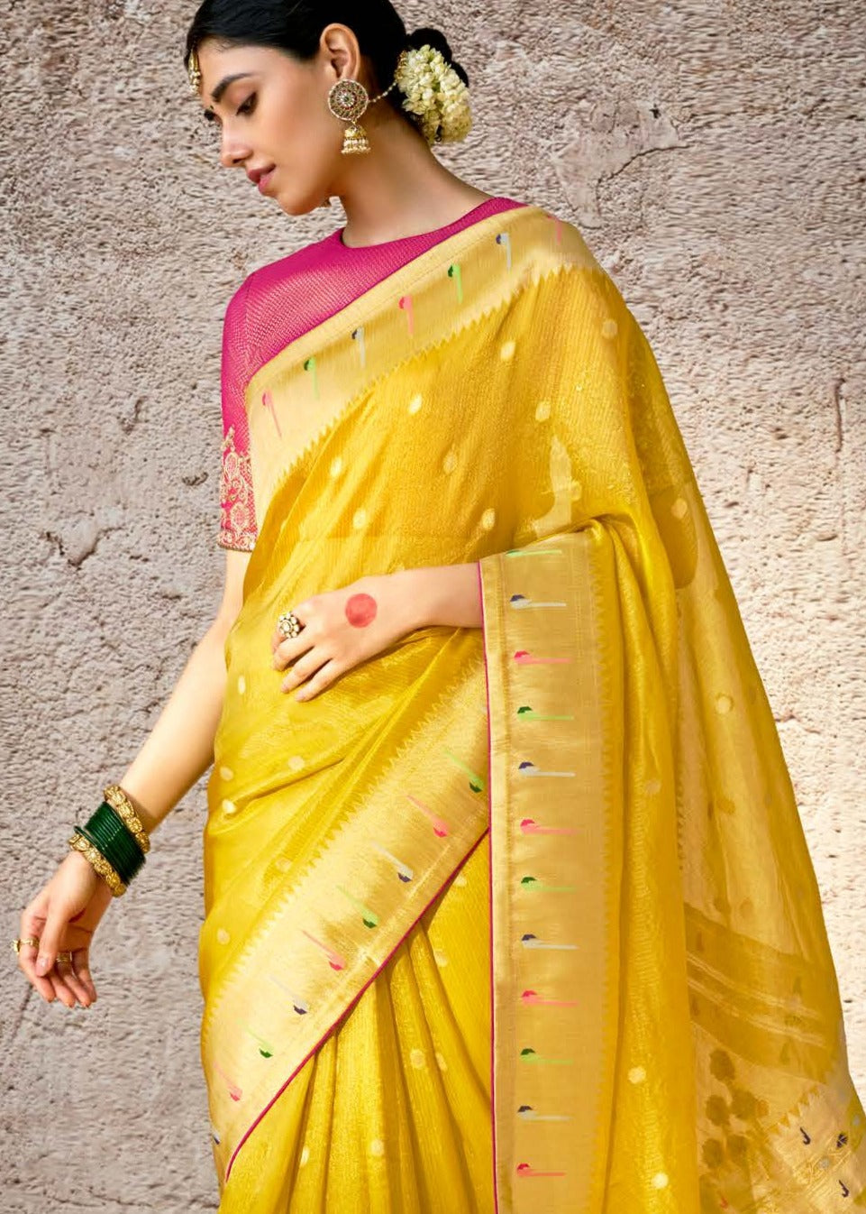 Kora Banarasi Silk Yellow Handloom Saree With Embroidered Blouse