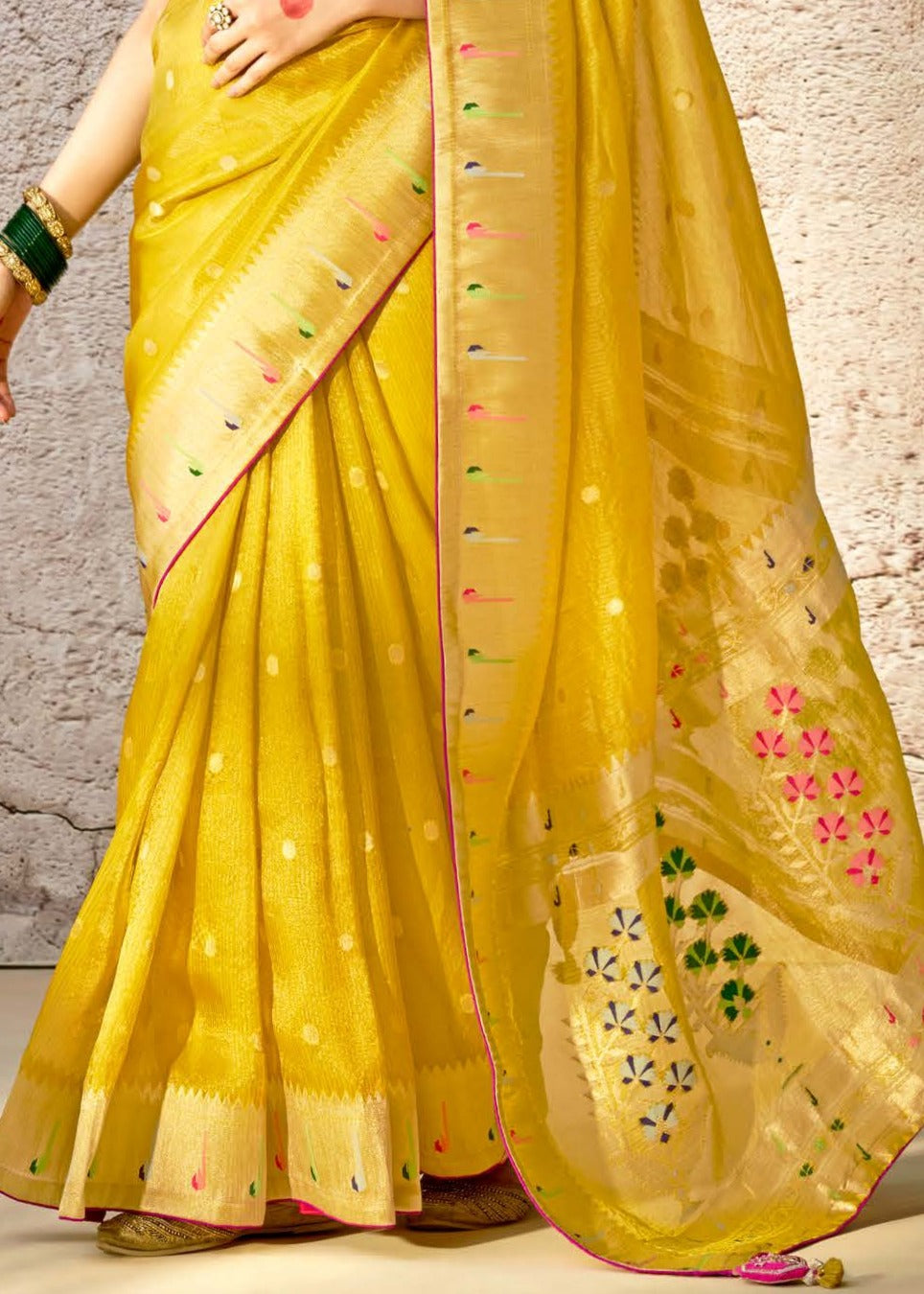 Kora Banarasi Silk Yellow Handloom Saree With Embroidered Blouse