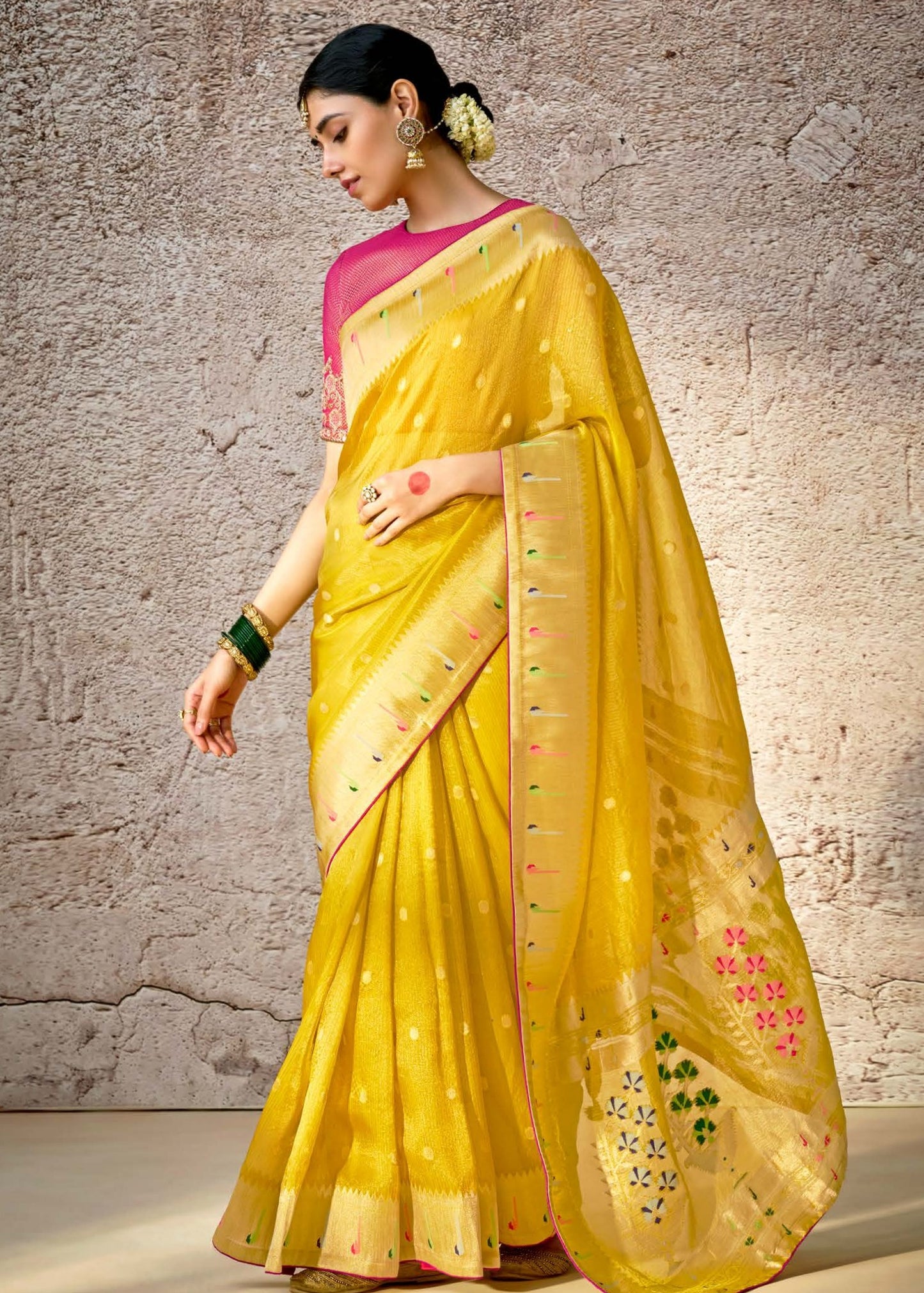 Kora Banarasi Silk Yellow Handloom Saree With Embroidered Blouse