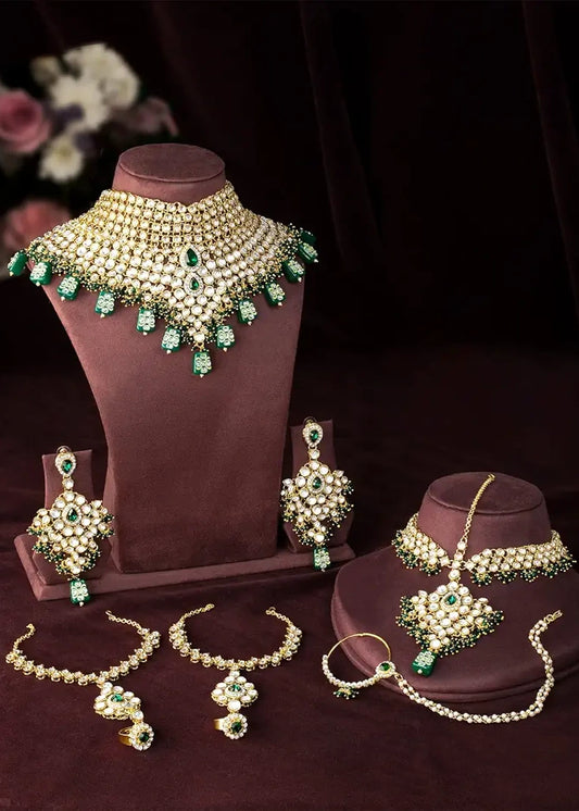 Kundan Bridal Jewellery Necklace Set With Earrings, Maang Tikka, Hathphool & Nose Ring (Green)