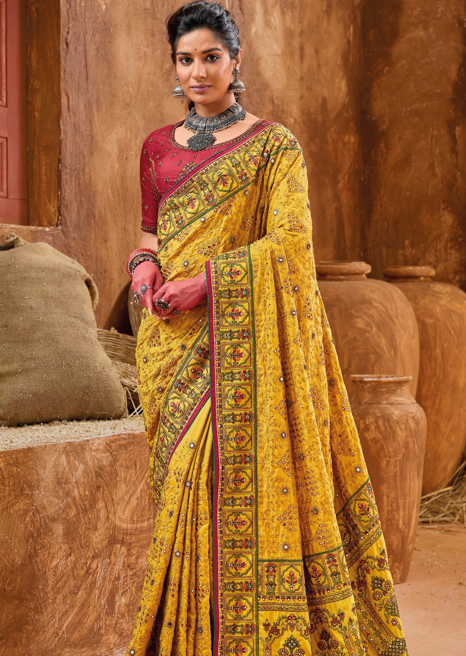 Kutch mirror work embroidery yellow red saree blouse gujarati designs online price india usa.