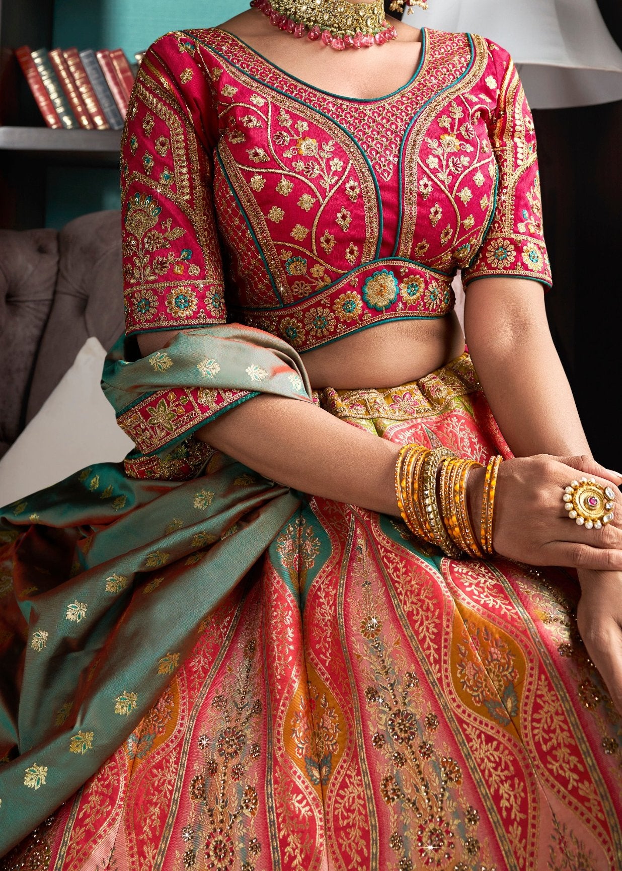 Banarasi silk lehenga choli in london uk online shopping for Indian bride in peach color with red blouse.