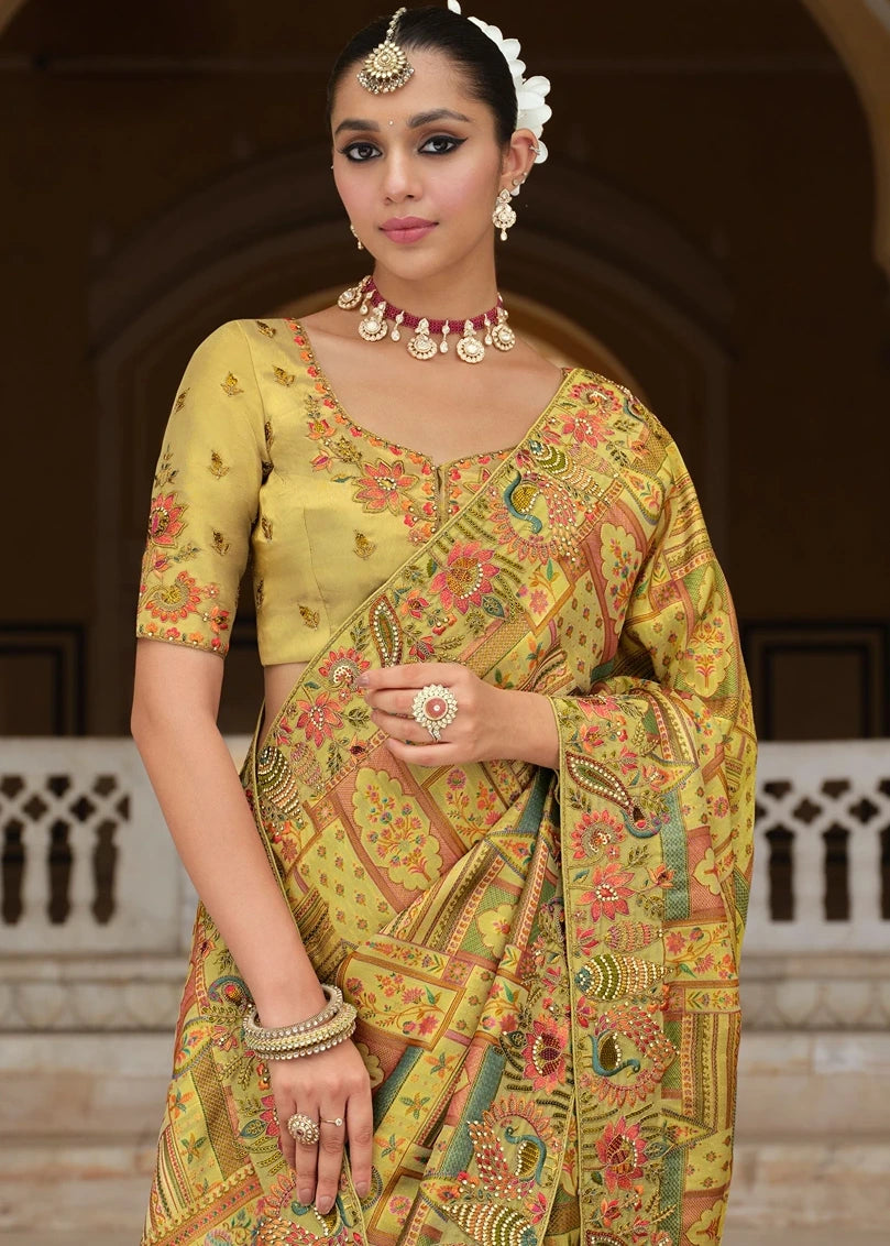 Light Mehendi Green Multicolor Zari Silk Embroidered Bridal Saree
