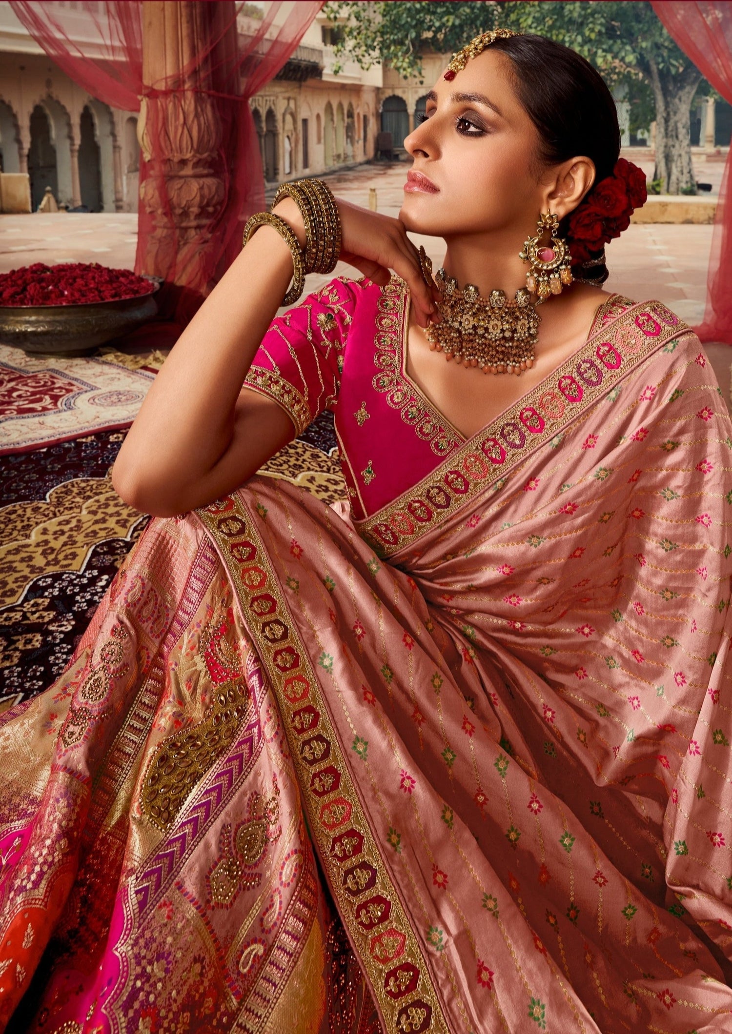 Pink banarasi silk lehenga choli with dupatta online usa uk shopping price.