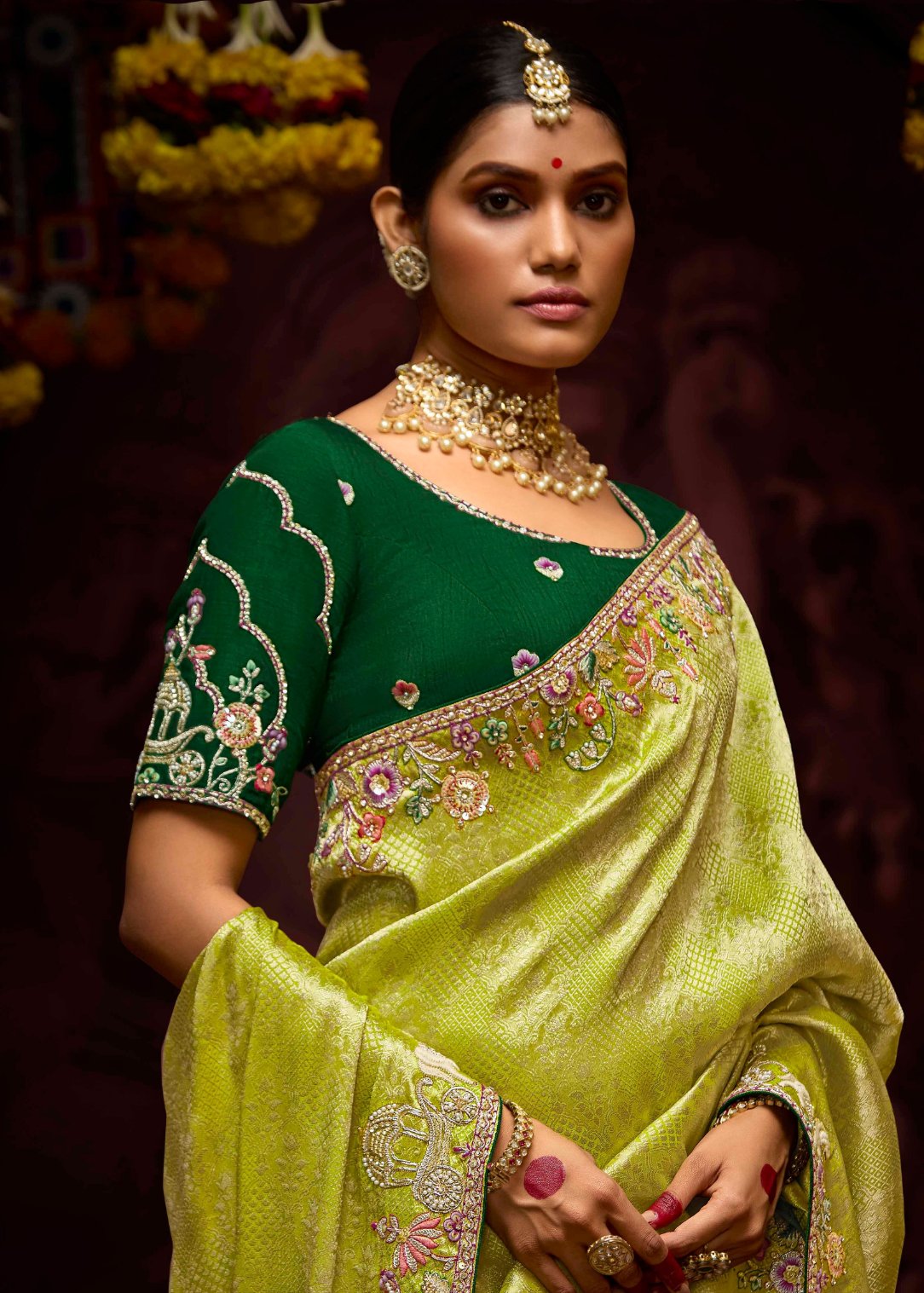 Lime green banarasi silk saree blouse online for bridal look with hand embroidery work.