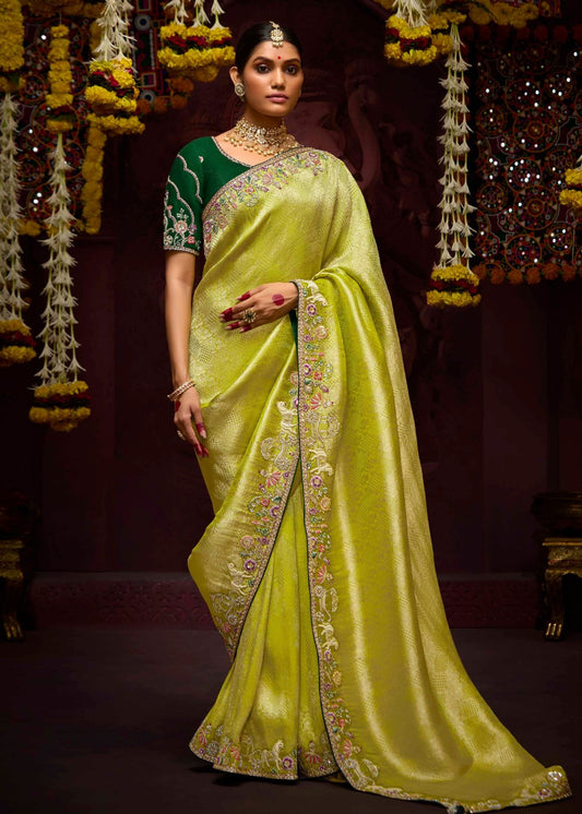 Lime green banarasi silk saree with contrast dark green blouse for bride at best price.