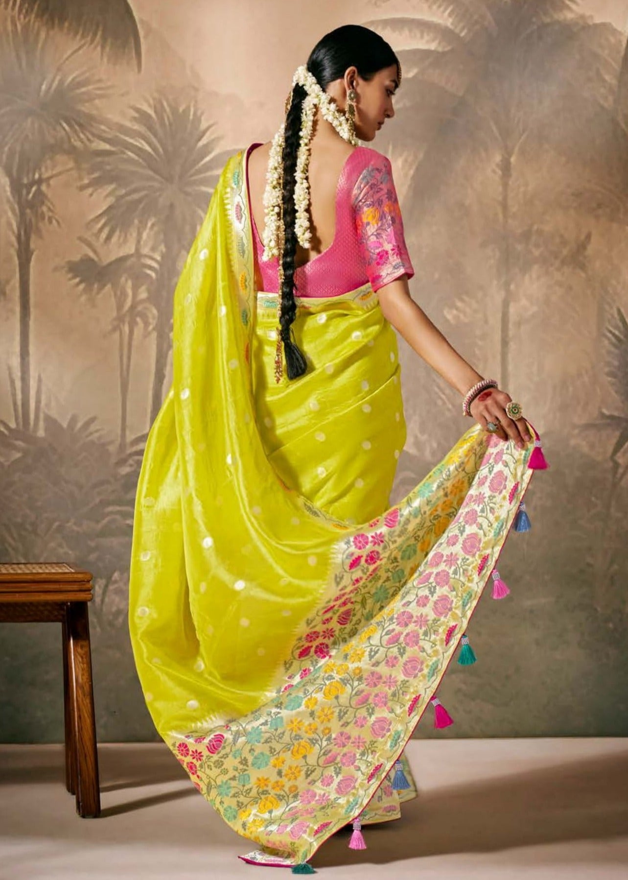 Lime yellow banarasi silk handloom saree online shopping for wedding function look with contrast pink blouse.