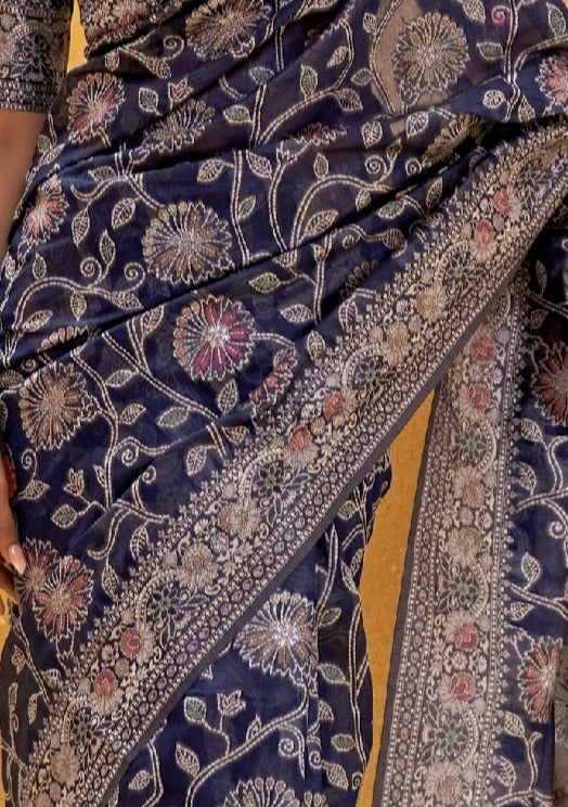 Lucknowi chikankari blue cotton saree in usa online shopping at fast delivery with fall pico.