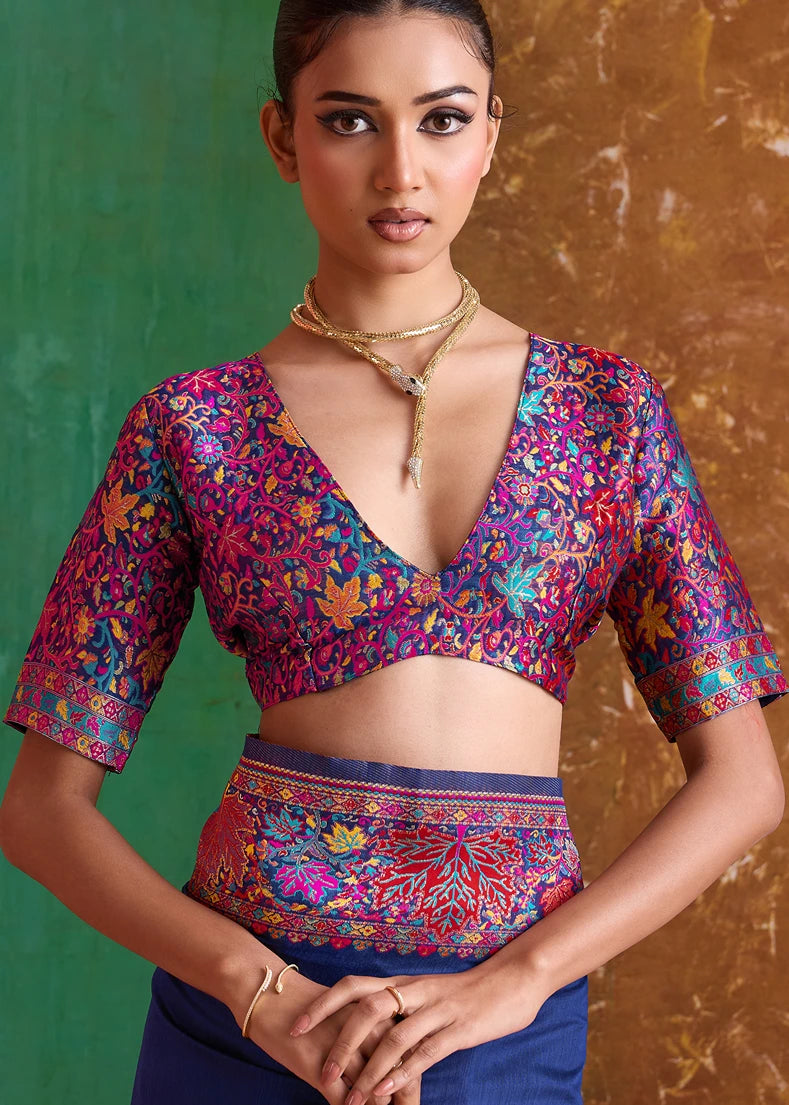 Luxurious Royal Blue Kashmiri Silk Saree in Pure Pashmina - Ideal for Bridal Wear and Grand Celebrations.