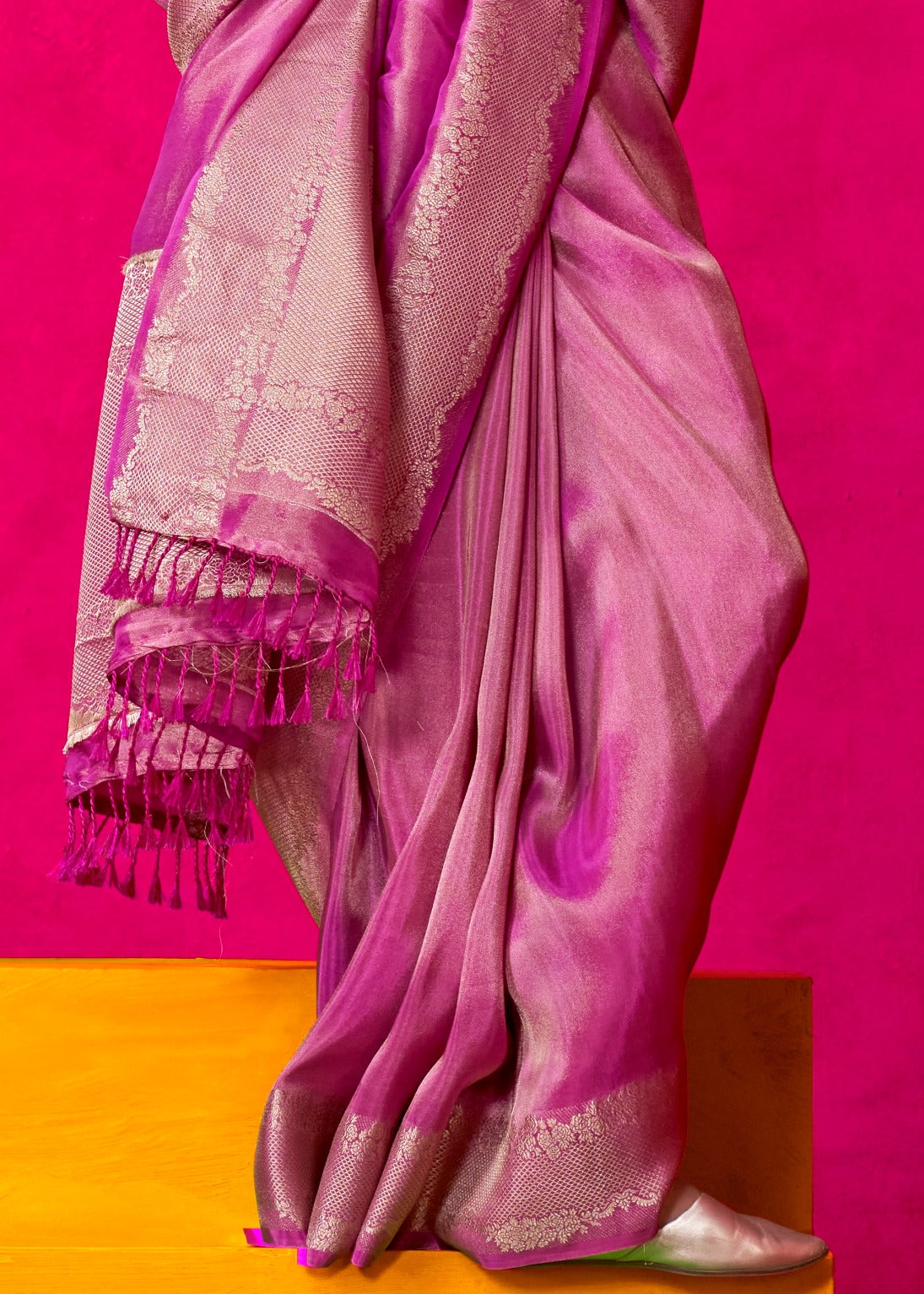 Pink Banarasi Viscose Tissue Silk Handloom Saree