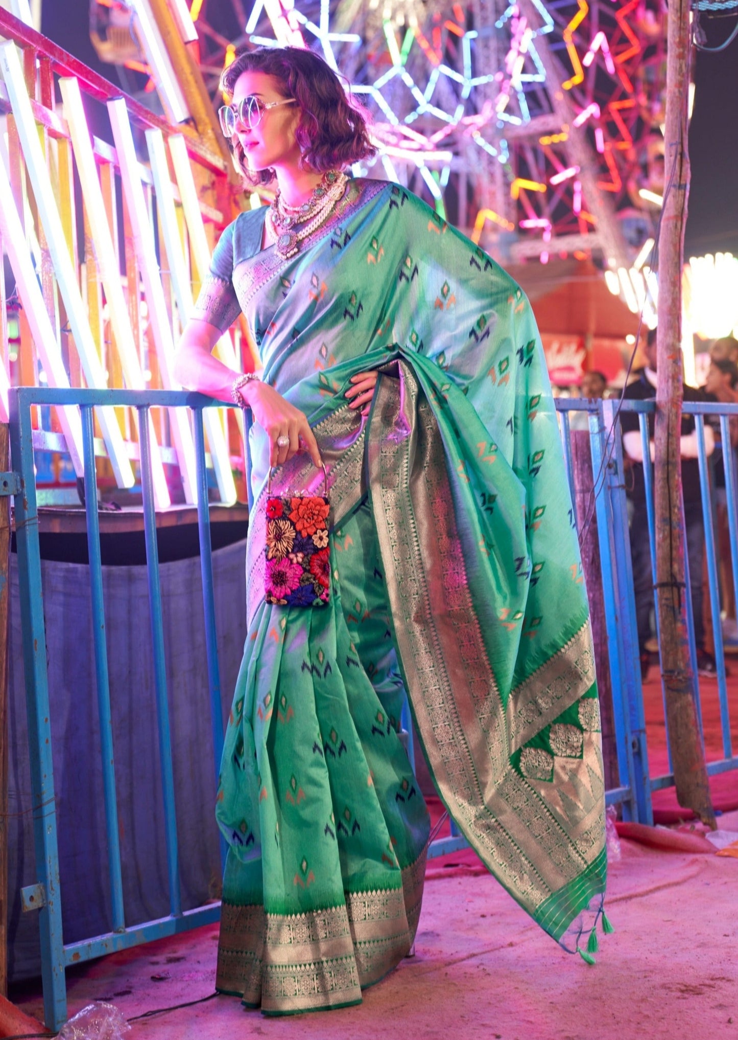 Luxury banarasi cotton silk handloom patola sea green saree online.