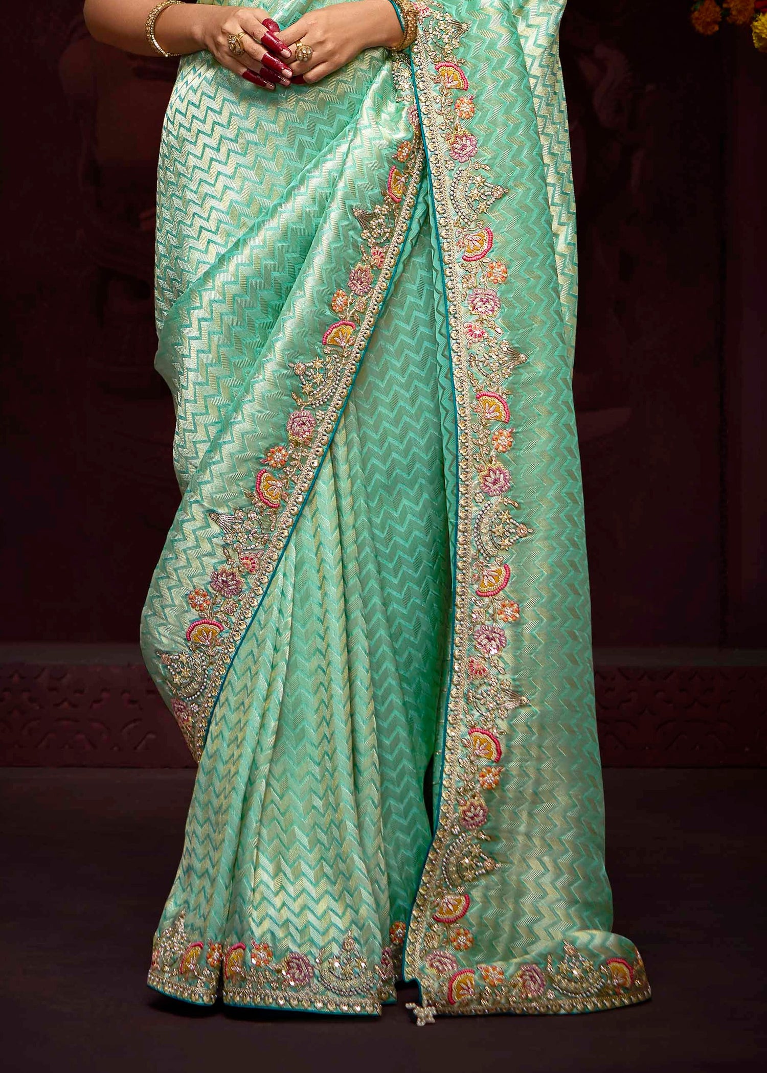 Luxury green & yellow banarasi silk sarees with rich handwork embroidery for bride.