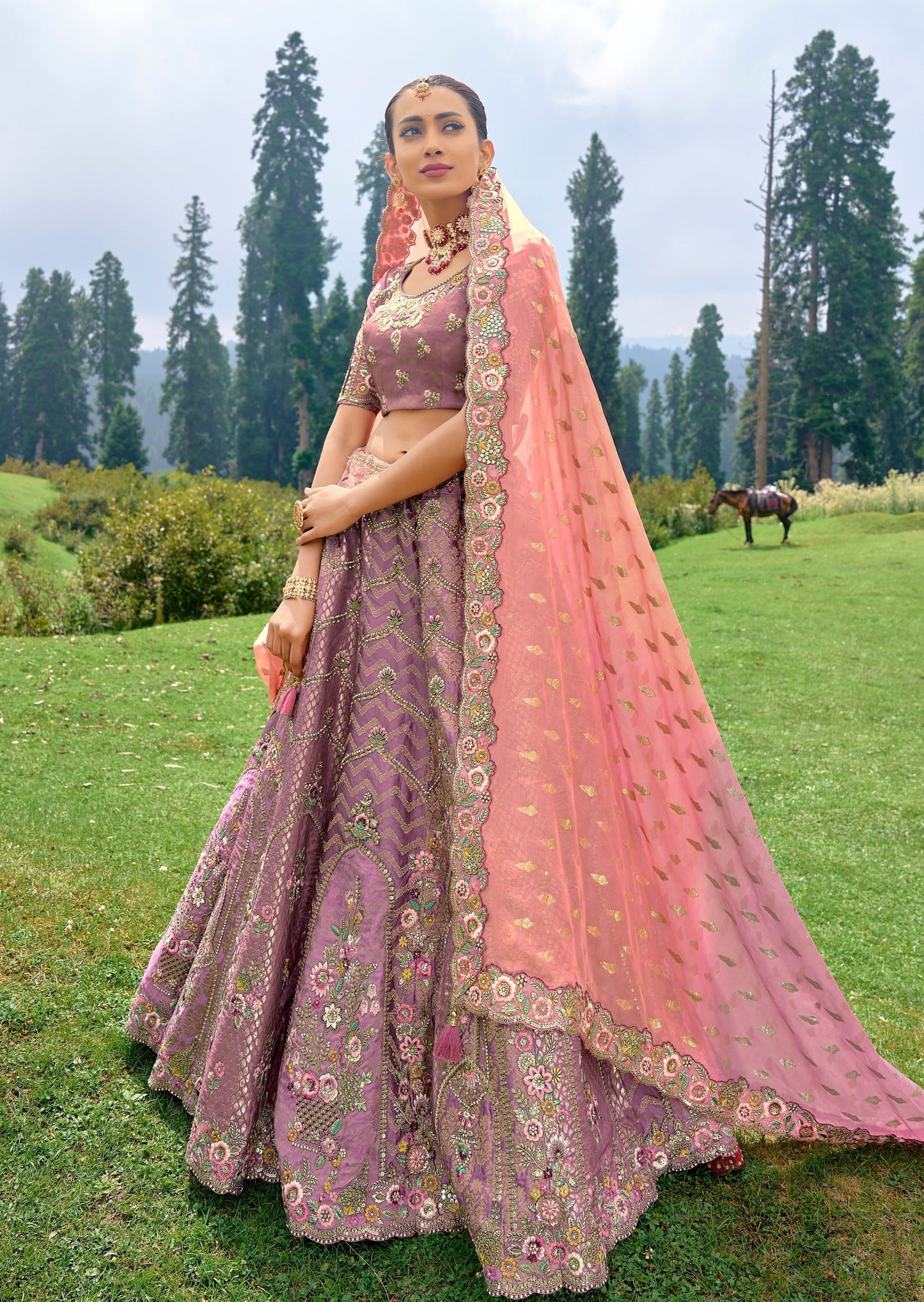 Luxury banarasi silk designer lehenga choli traditional design for wedding online.