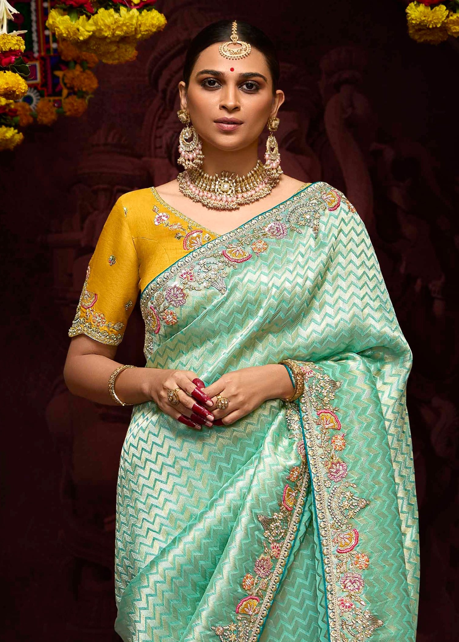 Handwork embroidered luxury green & yellow banarasi silk saree online for weddings and festivals.