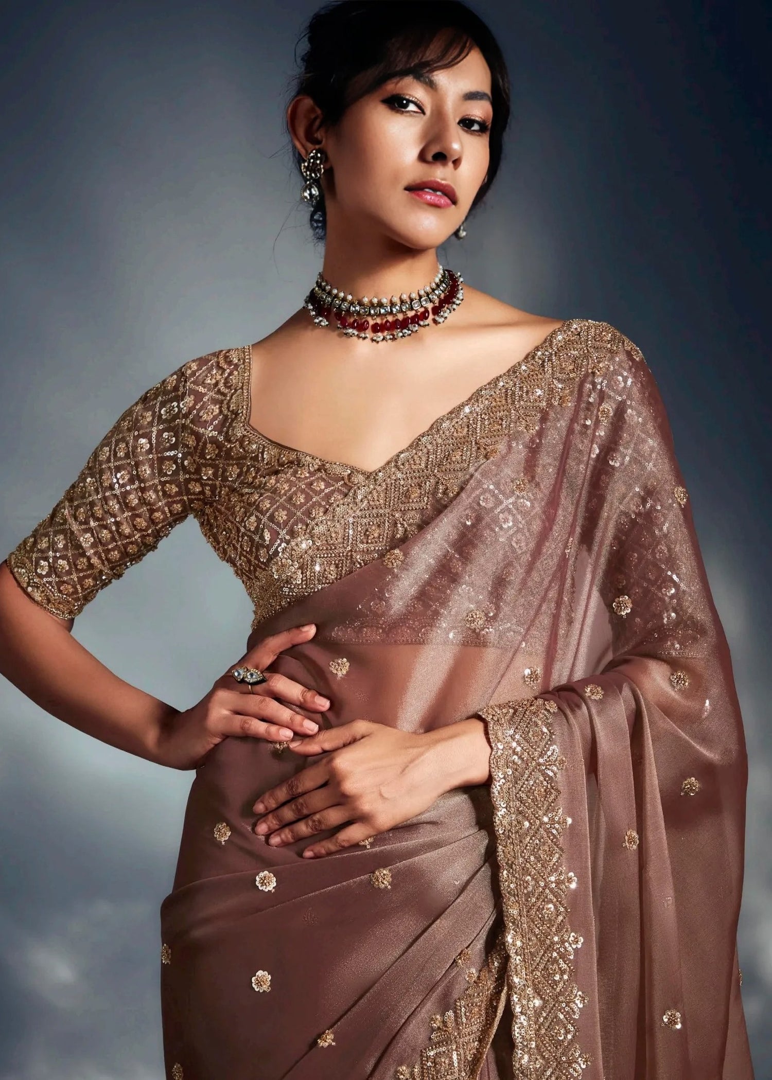 Luxury bridesmaids saree usa in pastel brown organza tissue silk with hand embroidery for Indian wedding wear.