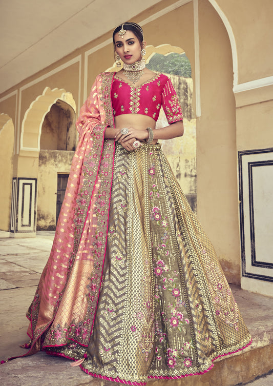Luxury brown pink bridal organza lehenga choli online shopping semi stitched usa uk for wedding.