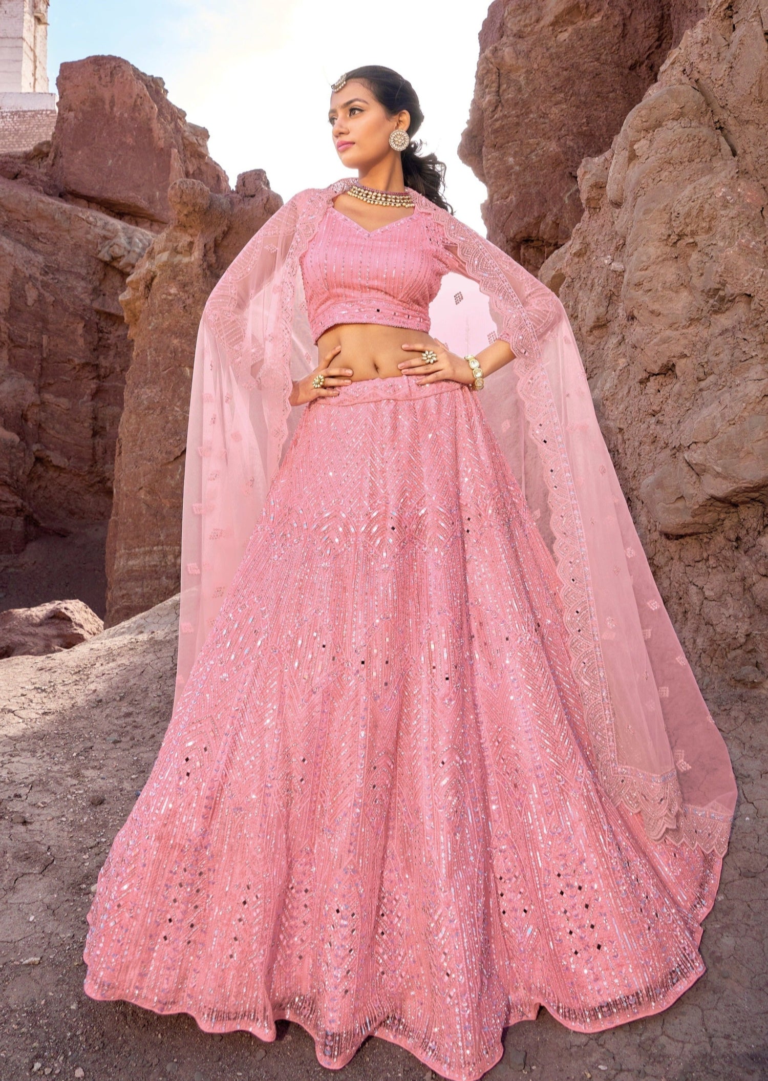 Dusty Pink Net Lehenga Choli In Sequins Embroidery Latest 2886LG02