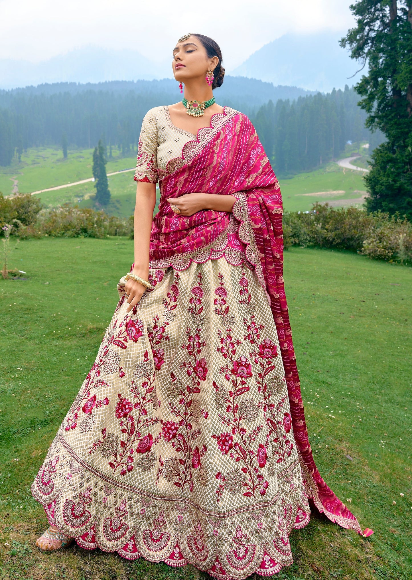 Luxury golden white banarasi silk bridal lehenga choli online with dupatta india.