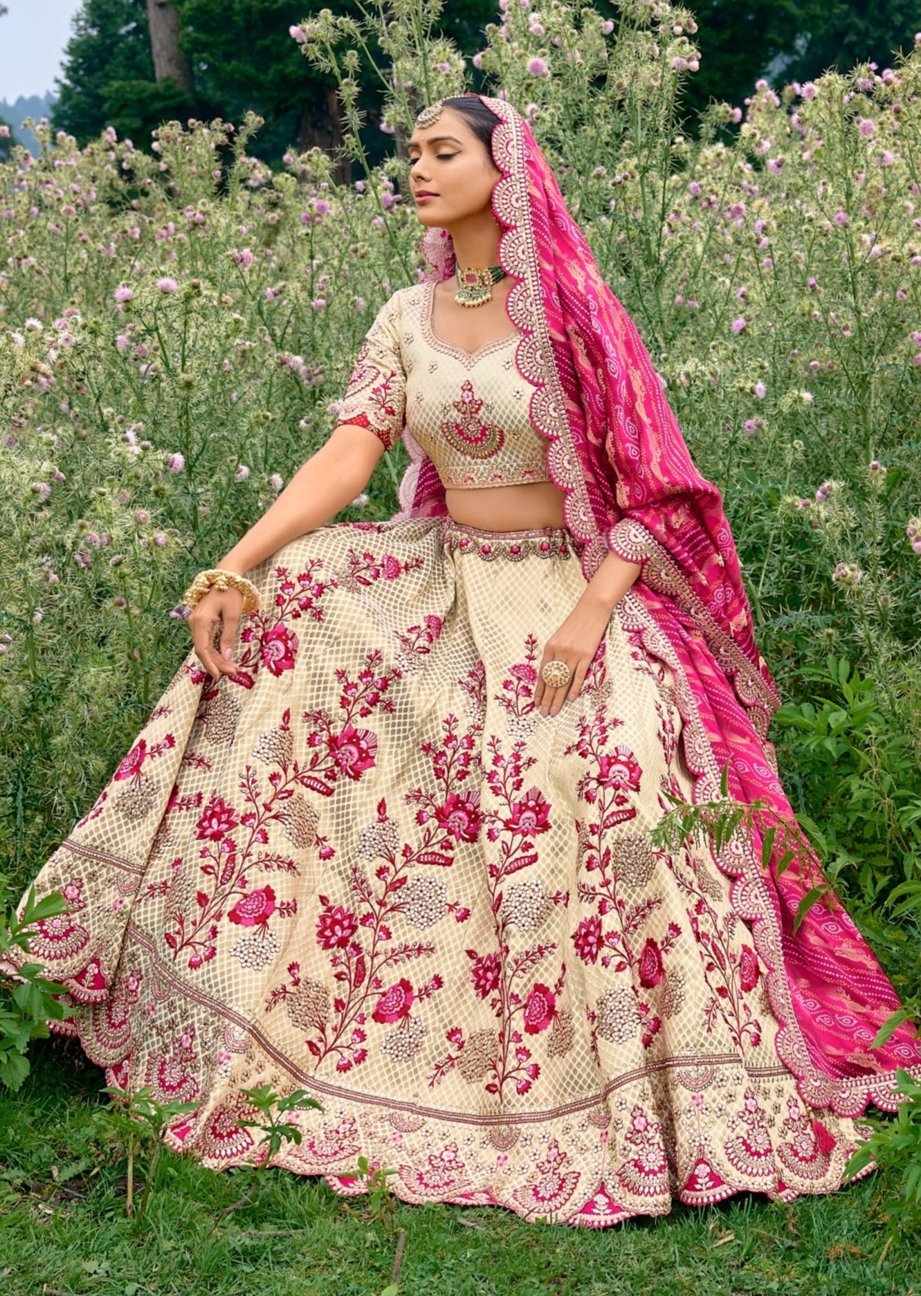 Featured here: Vindhya in a magenta zardosi lehenga set, perfectly  complemented in a stone embedded earring, stone embedded maangtika & w... |  Instagram