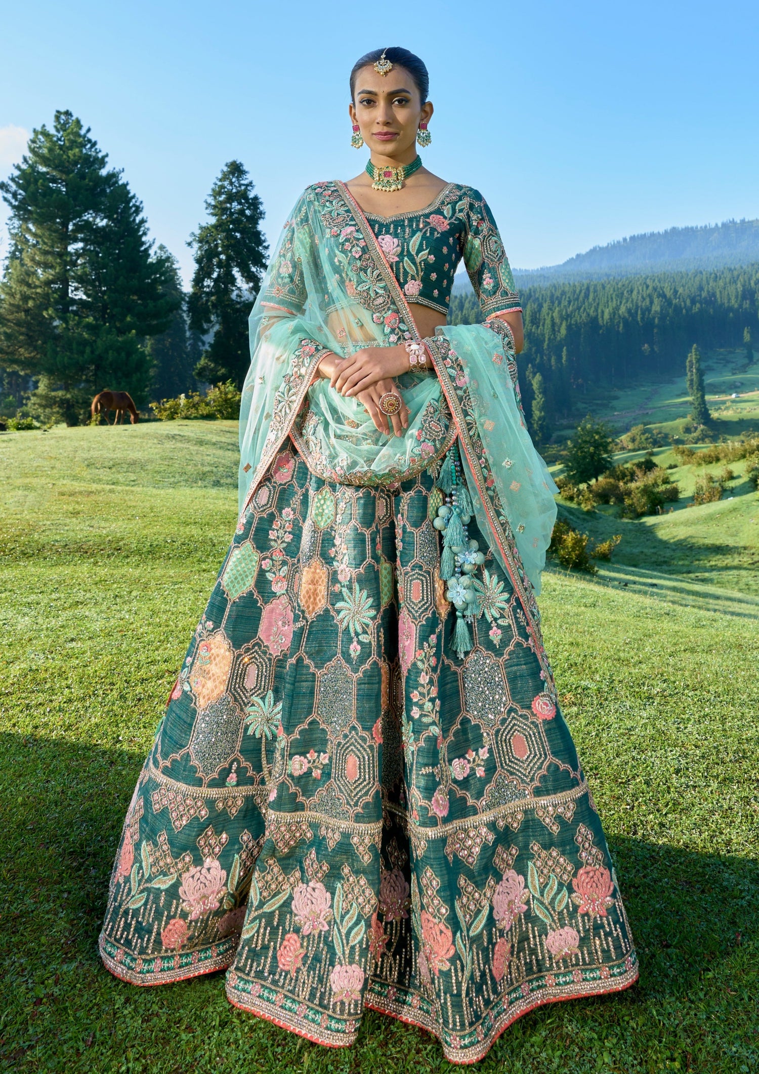Luxury green silk bridal lehenga choli online shopping for wedding usa uae dubai.