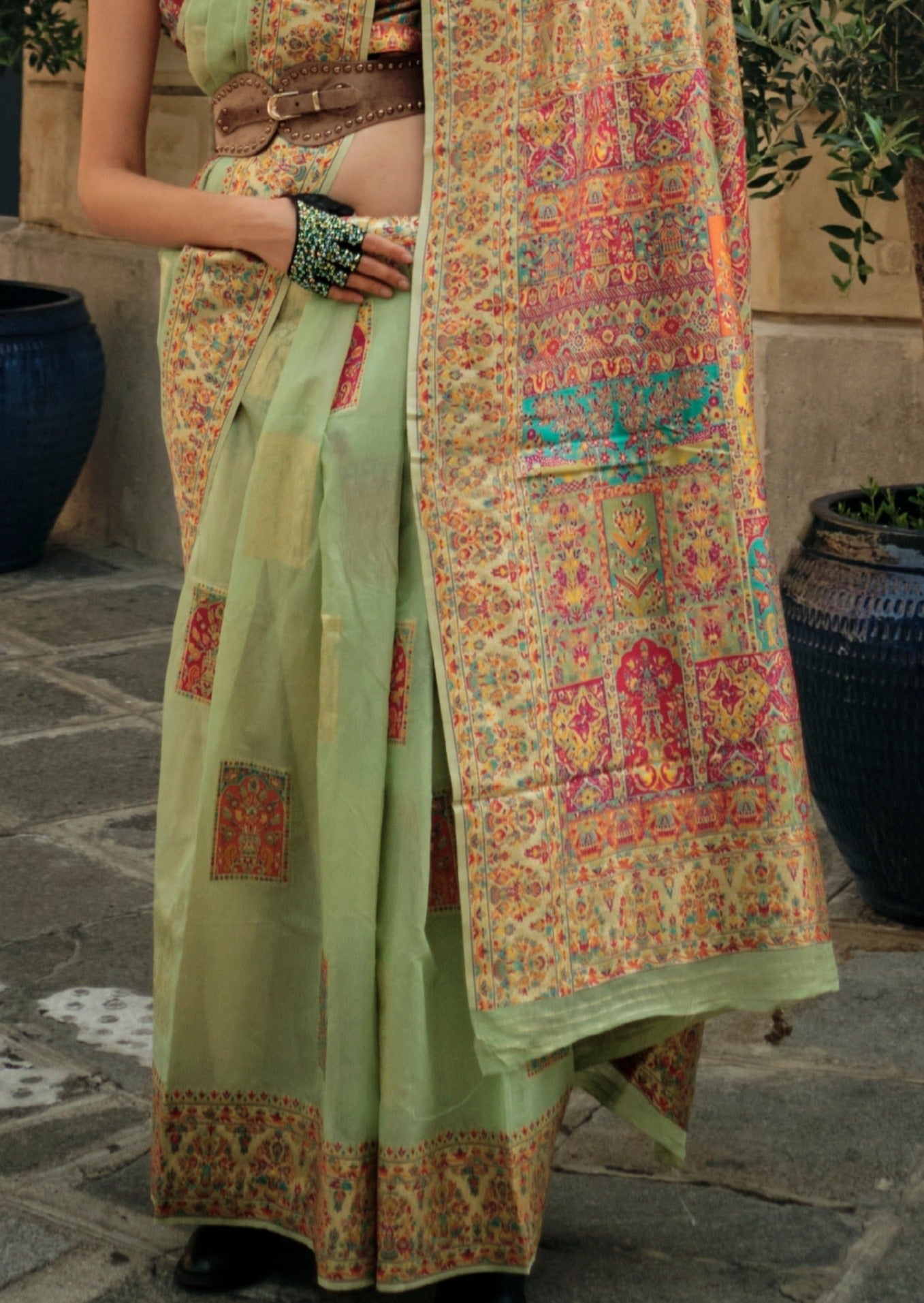 Luxury handloom kashmiri silk embroidered green saree online.