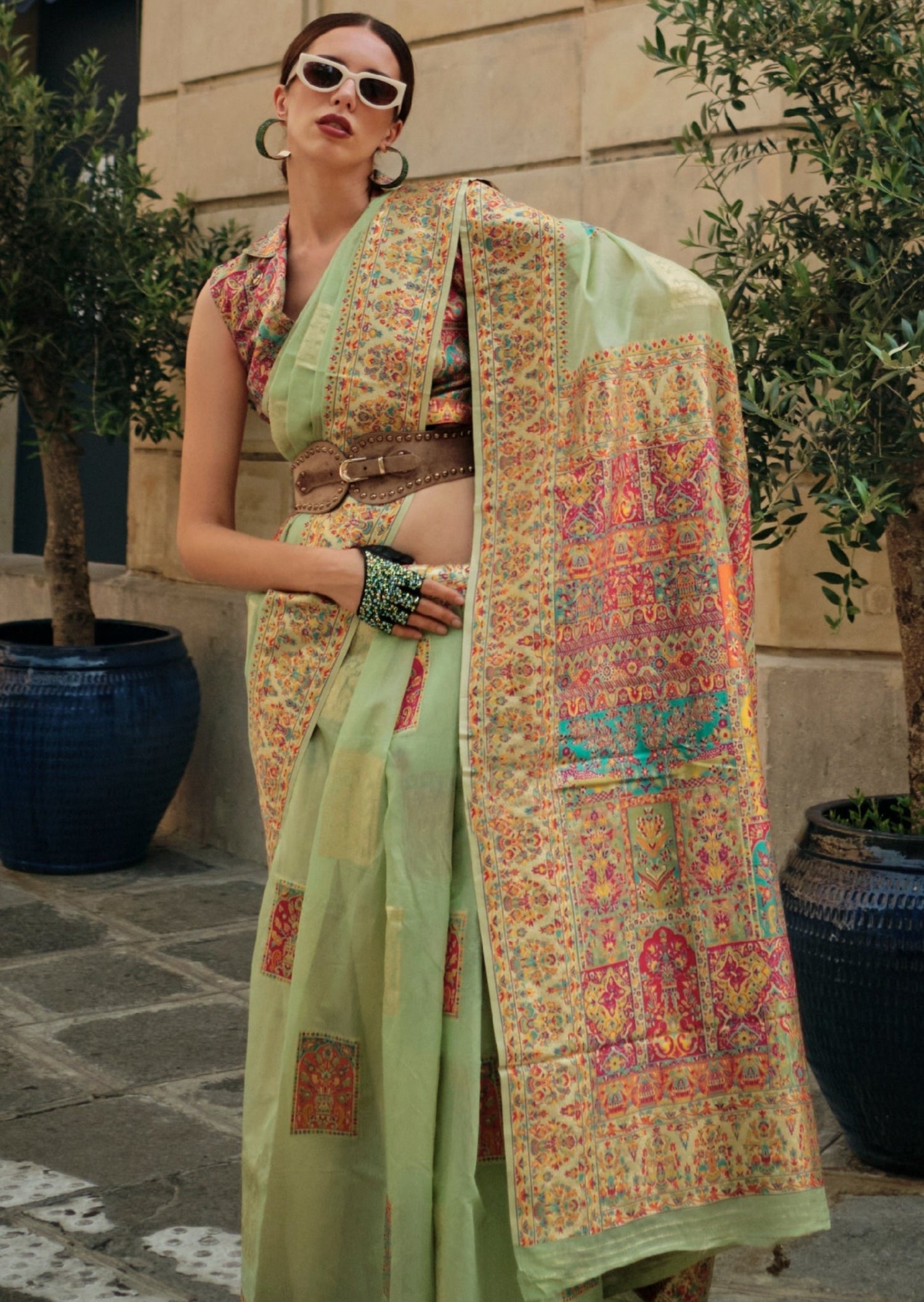 Luxury handloom kashmiri silk embroidered light green saree online.