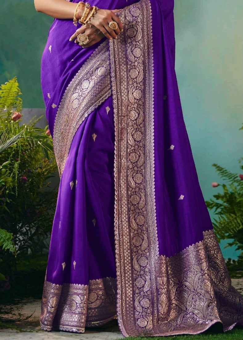 Elegant violet purple banarasi silk luxury saree with matching blouse for festive shopping in new york usa and london uk.