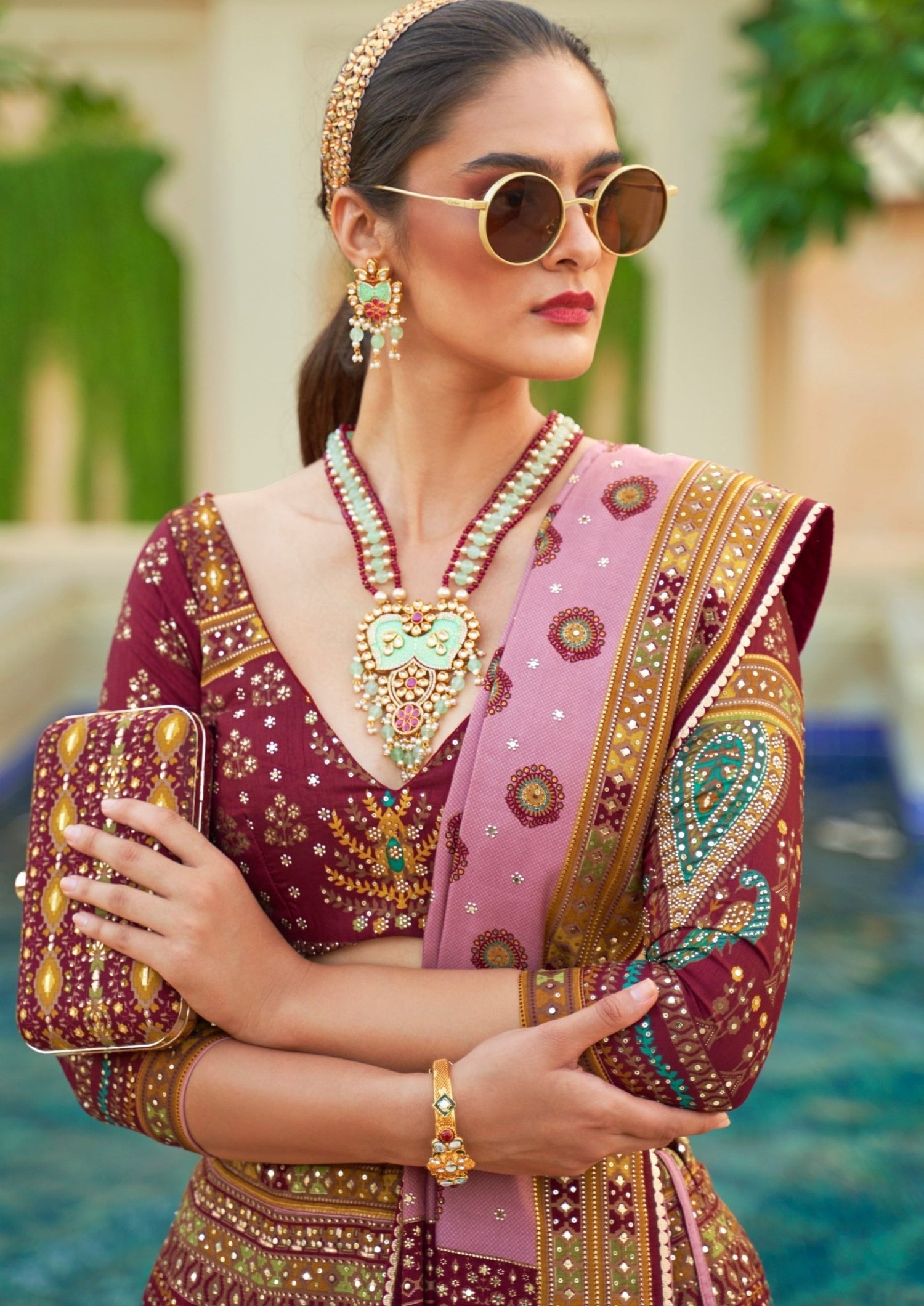 Maroon Lehenga Adorned in all over Floral Embroideries with Dupatta|Lehenga -Diademstore.com