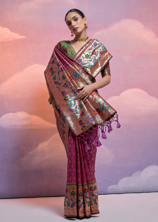 Maroon red paithani silk handloom saree london uk online.